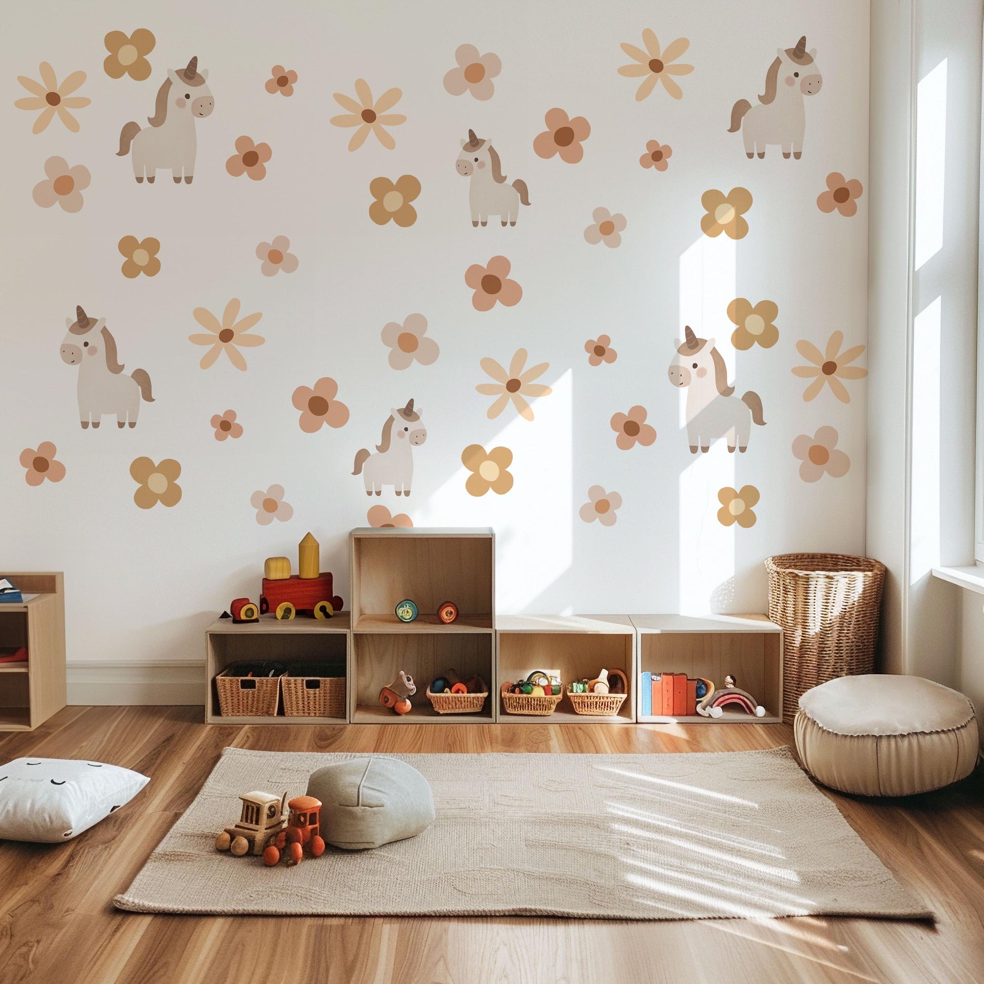 Unicorn Wall Decals Neutral Nursery Decor Floral Wall Stickers Boho Nursery Decor Peel and Stick Baby Girl Room Decor