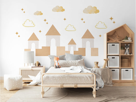 Neutral Castle Wall Decals Boho Nursery Wall Stickers Sandcastle Nursery Decor Beige Kids Room Peel and Stick Wall Decals