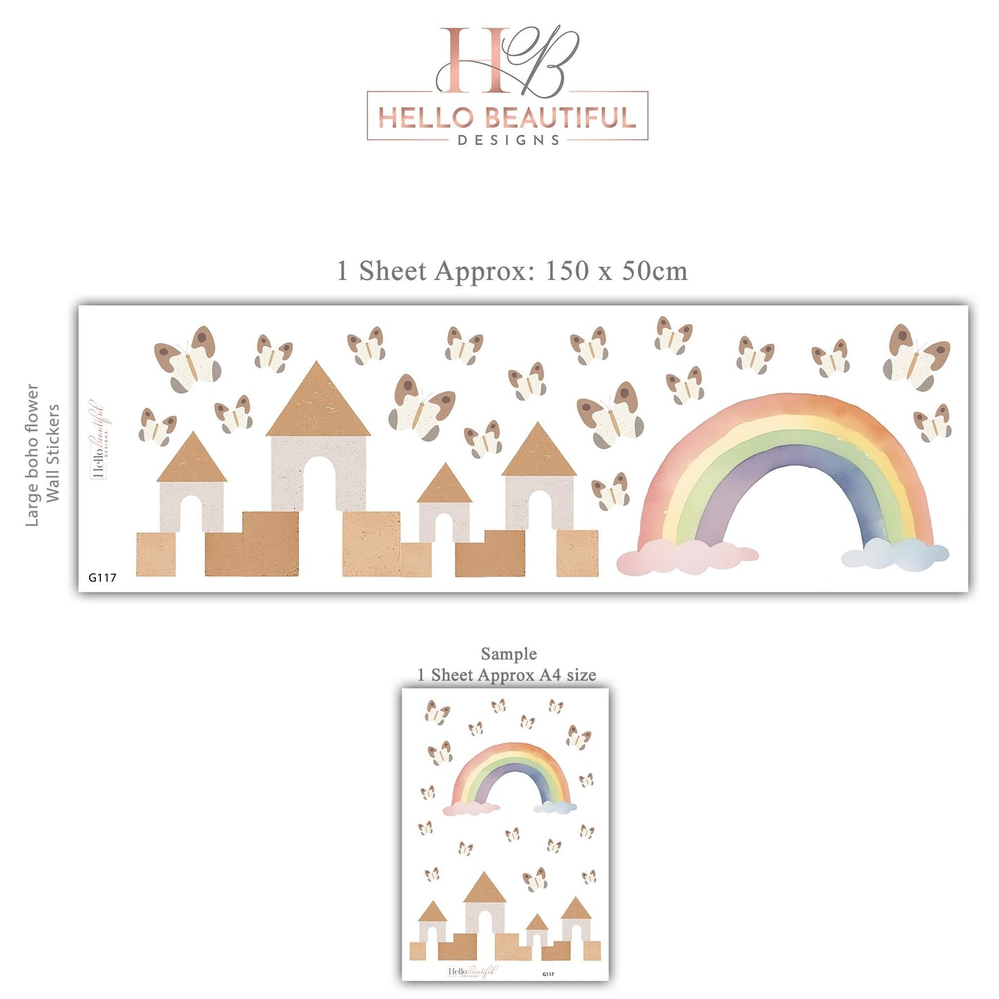 Rainbow Castle Wall Decals Neutral Nursery Decor Boho Nursery Wall Stickers Butterfly Wall Decals Peel and Stick Kids Room