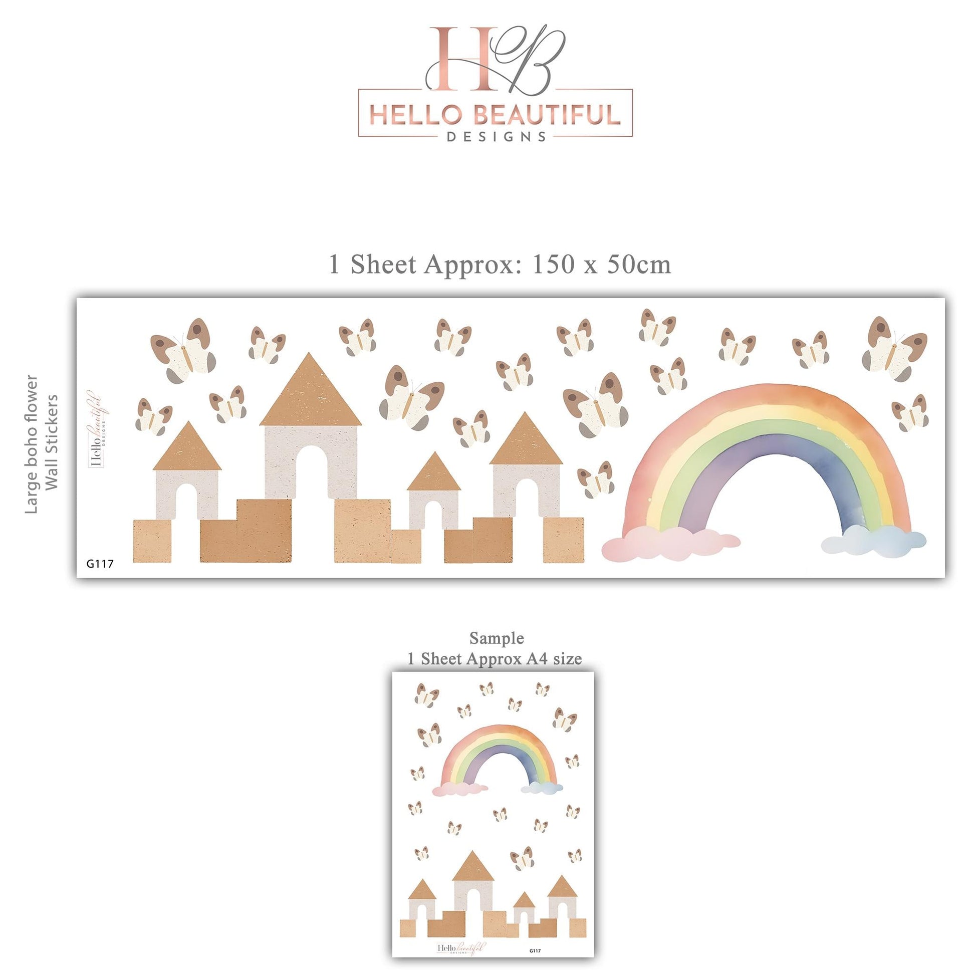 Rainbow Castle Wall Decals Neutral Nursery Decor Boho Nursery Wall Stickers Butterfly Wall Decals Peel and Stick Kids Room