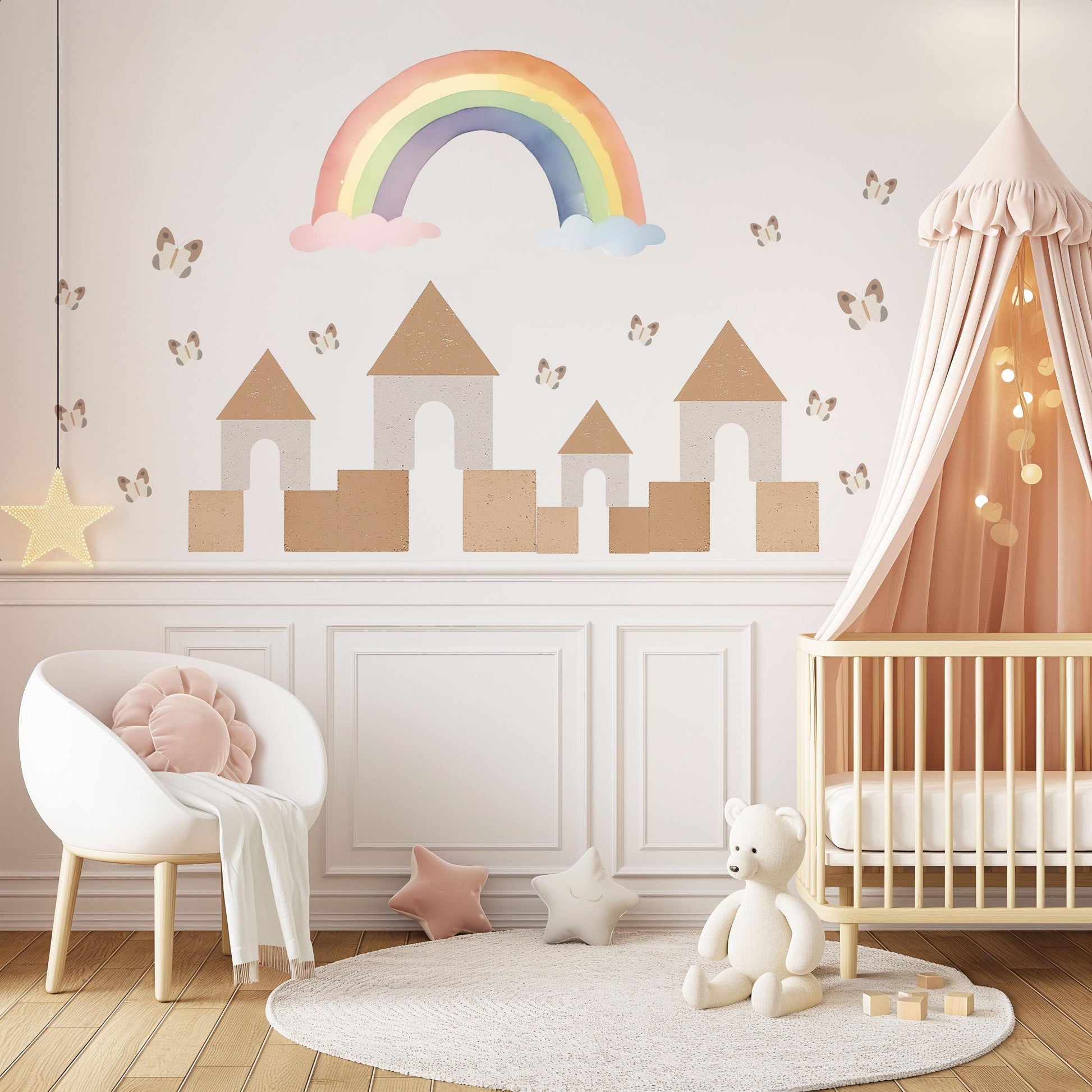 Rainbow Castle Wall Decals Neutral Nursery Decor Boho Nursery Wall Stickers Butterfly Wall Decals Peel and Stick Kids Room