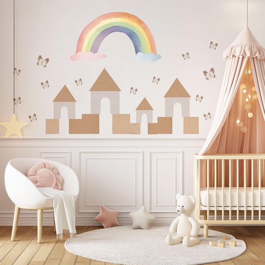 Rainbow Castle Wall Decals Neutral Nursery Decor Boho Nursery Wall Stickers Butterfly Wall Decals Peel and Stick Kids Room
