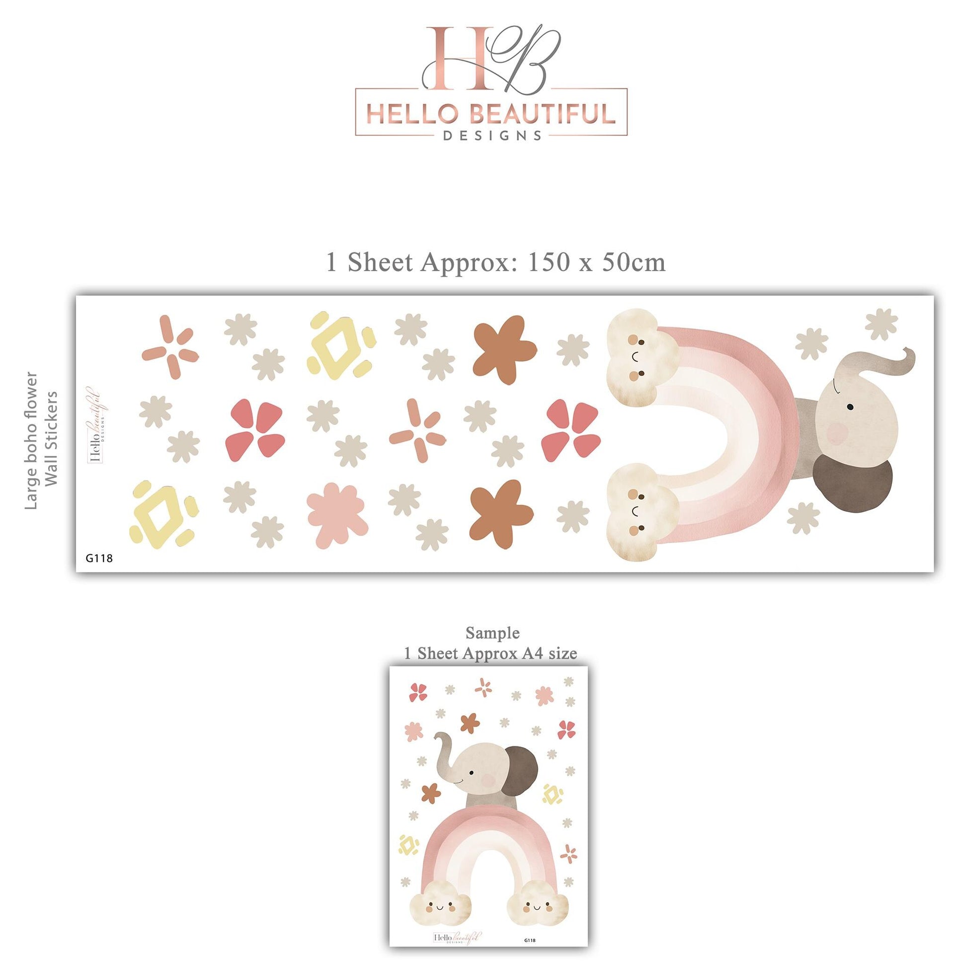 Elephant Rainbow Wall Decals Neutral Nursery Decor Boho Nursery Wall Stickers Pink Nursery Decals Peel and Stick Girls Room