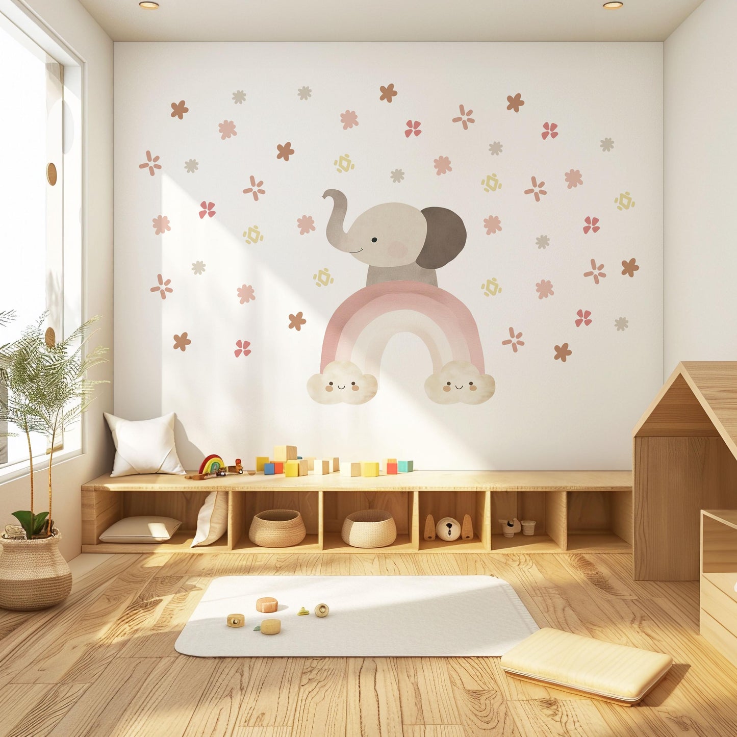 Elephant Rainbow Wall Decals Neutral Nursery Decor Boho Nursery Wall Stickers Pink Nursery Decals Peel and Stick Girls Room