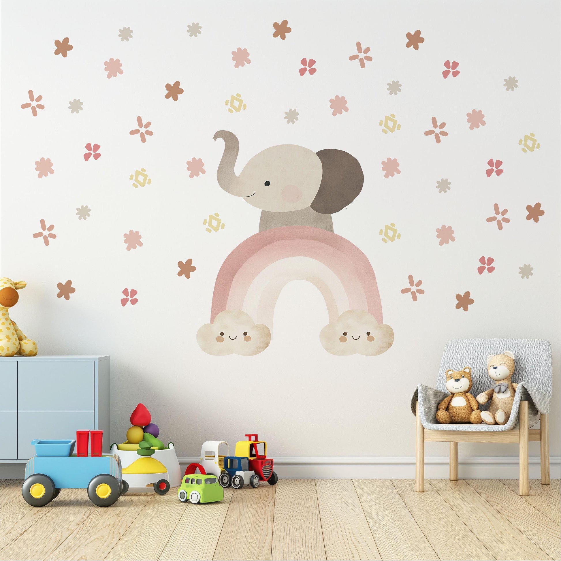 Elephant Rainbow Wall Decals Neutral Nursery Decor Boho Nursery Wall Stickers Pink Nursery Decals Peel and Stick Girls Room