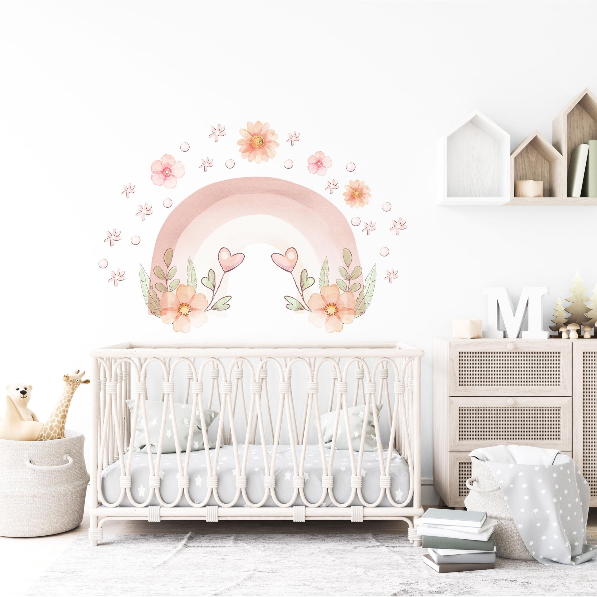 Pink Rainbow Wall Decals Nursery Wall Stickers Boho Floral Nursery Decor Baby Girl Room Decor Peel and Stick Wall Decals