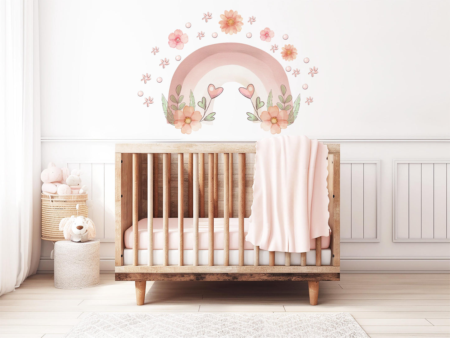 Pink Rainbow Wall Decals Nursery Wall Stickers Boho Floral Nursery Decor Baby Girl Room Decor Peel and Stick Wall Decals