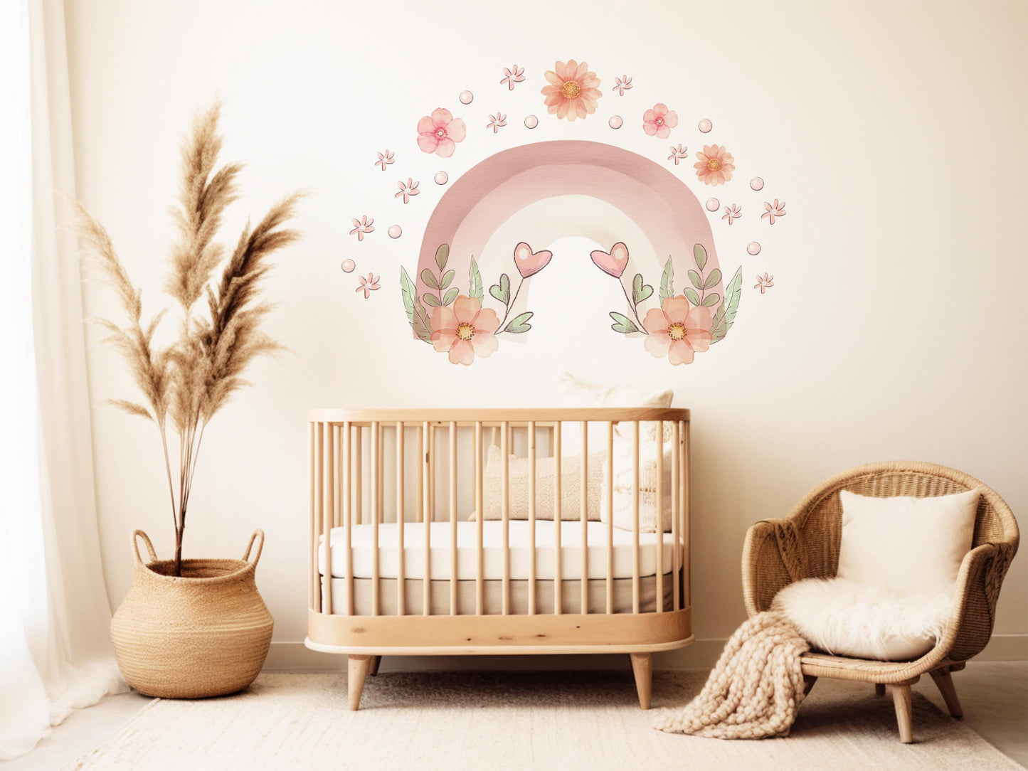 Pink Rainbow Wall Decals Nursery Wall Stickers Boho Floral Nursery Decor Baby Girl Room Decor Peel and Stick Wall Decals