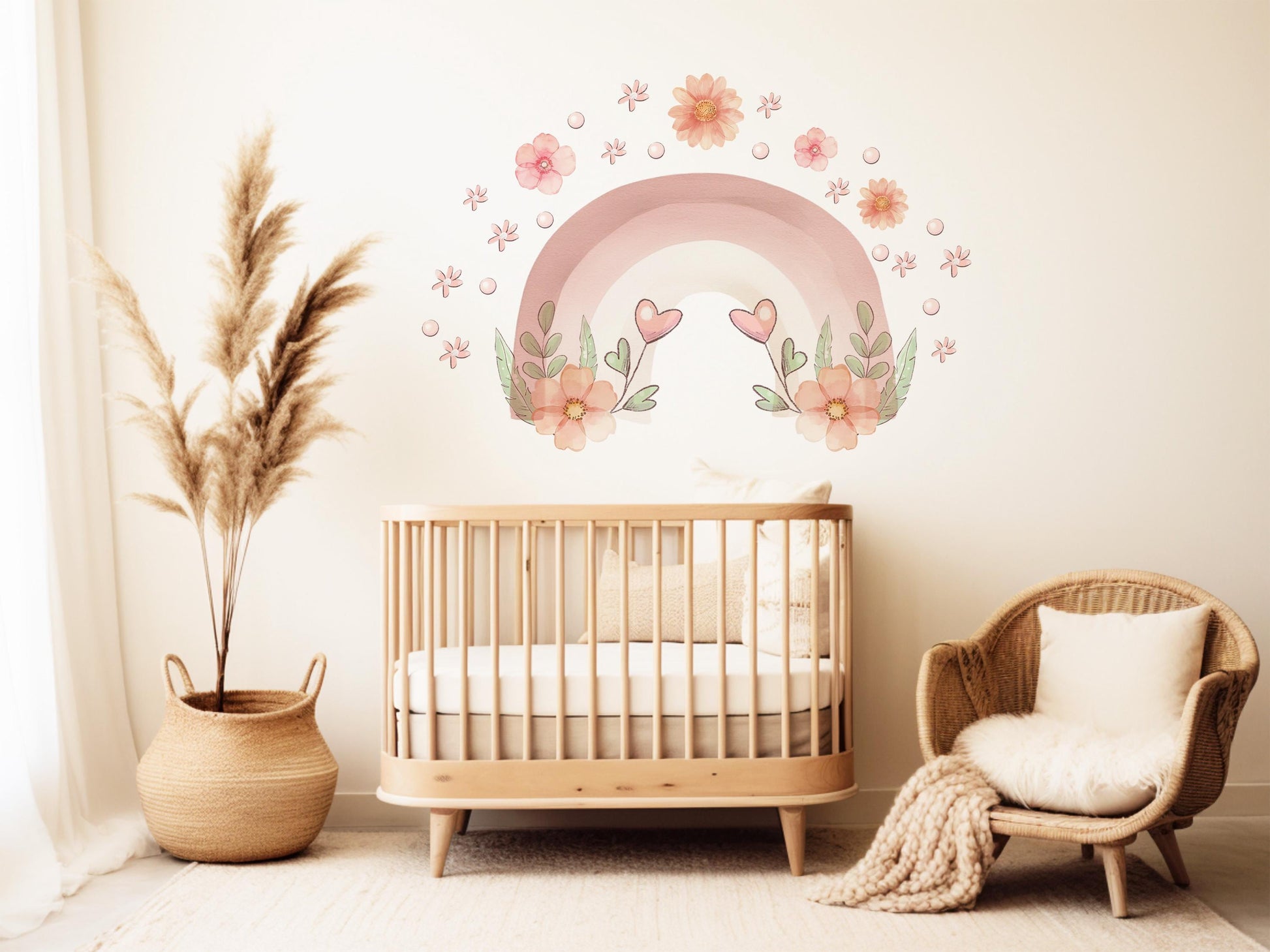 Pink Rainbow Wall Decals Nursery Wall Stickers Boho Floral Nursery Decor Baby Girl Room Decor Peel and Stick Wall Decals
