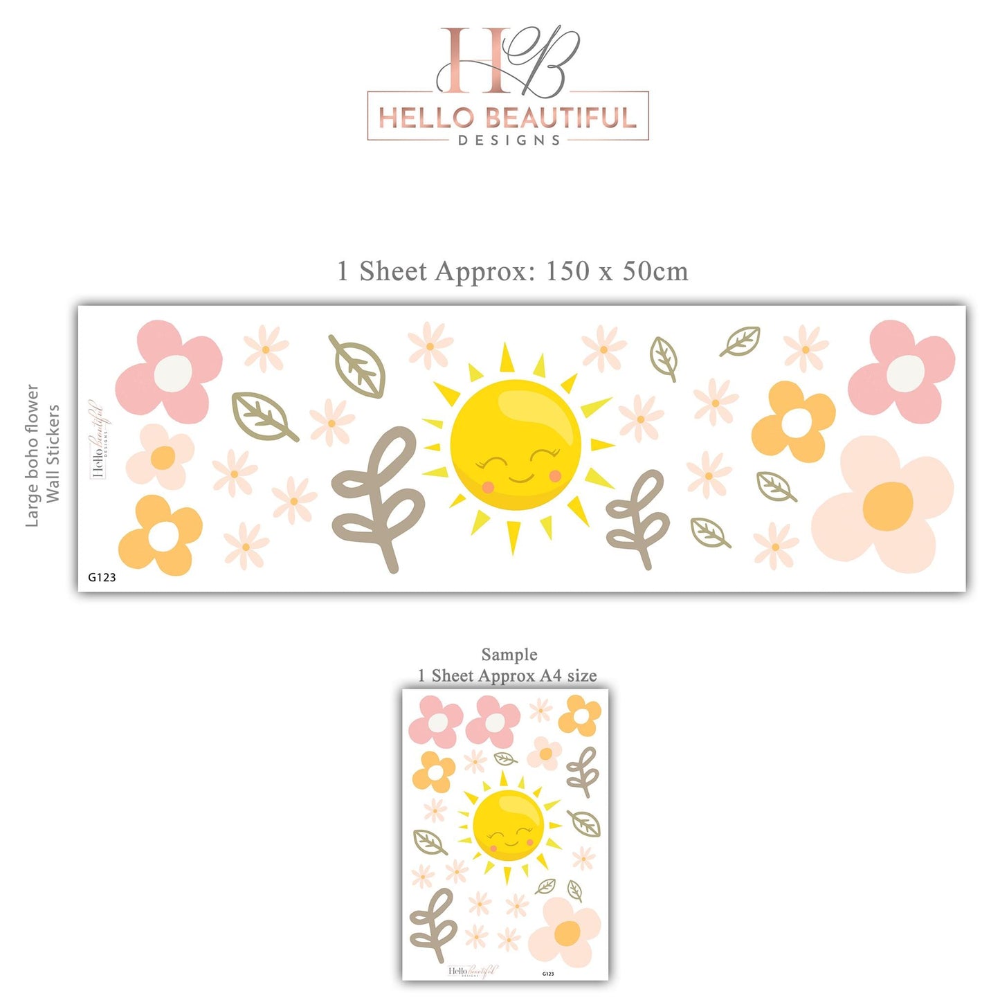 Sun Wall Decals Nursery Wall Stickers Boho Nursery Decor Pink Floral Wall Decals Baby Girl Room Peel and Stick Stickers