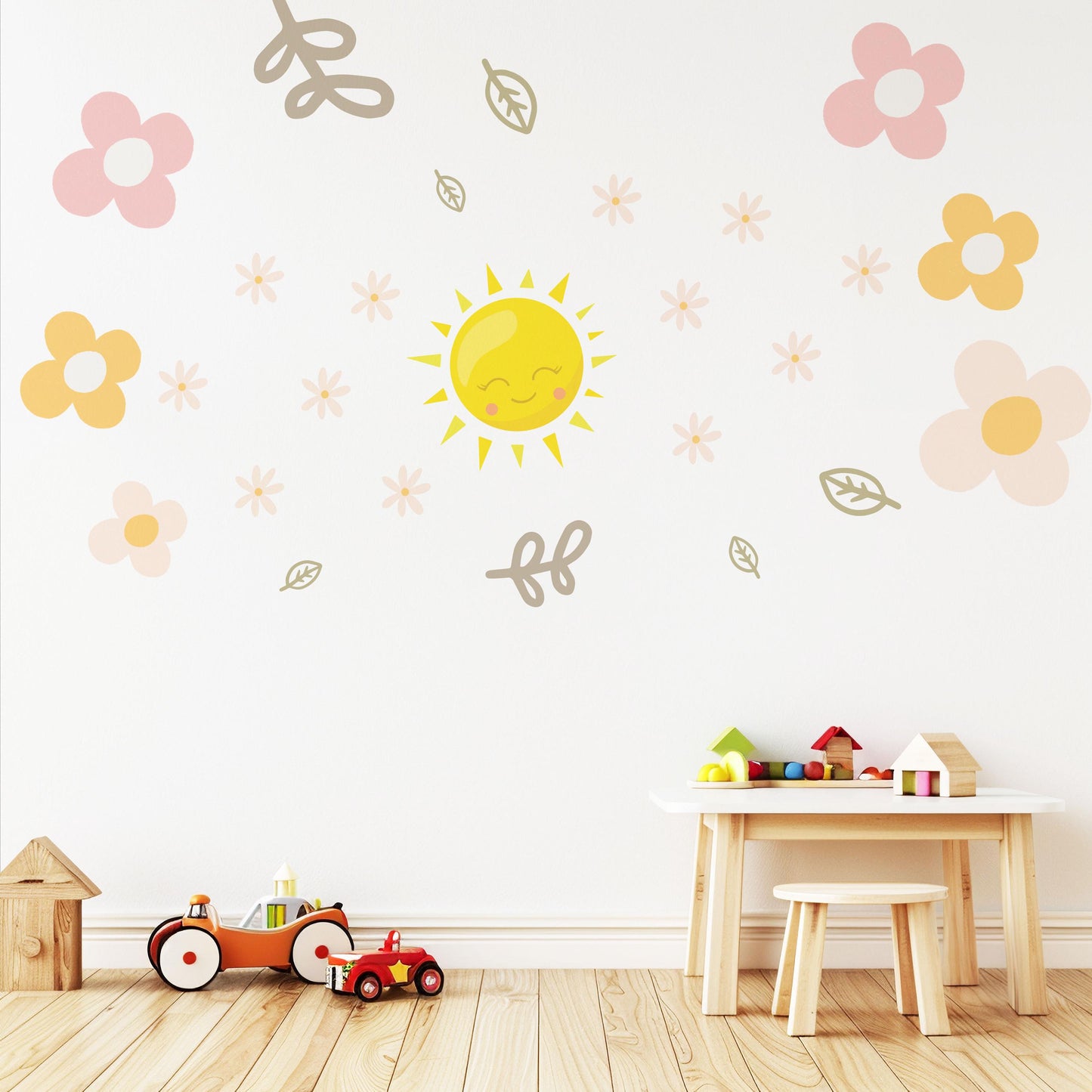 Sun Wall Decals Nursery Wall Stickers Boho Nursery Decor Pink Floral Wall Decals Baby Girl Room Peel and Stick Stickers