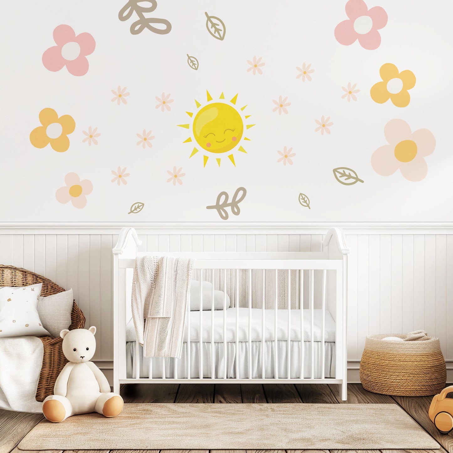 Sun Wall Decals Nursery Wall Stickers Boho Nursery Decor Pink Floral Wall Decals Baby Girl Room Peel and Stick Stickers