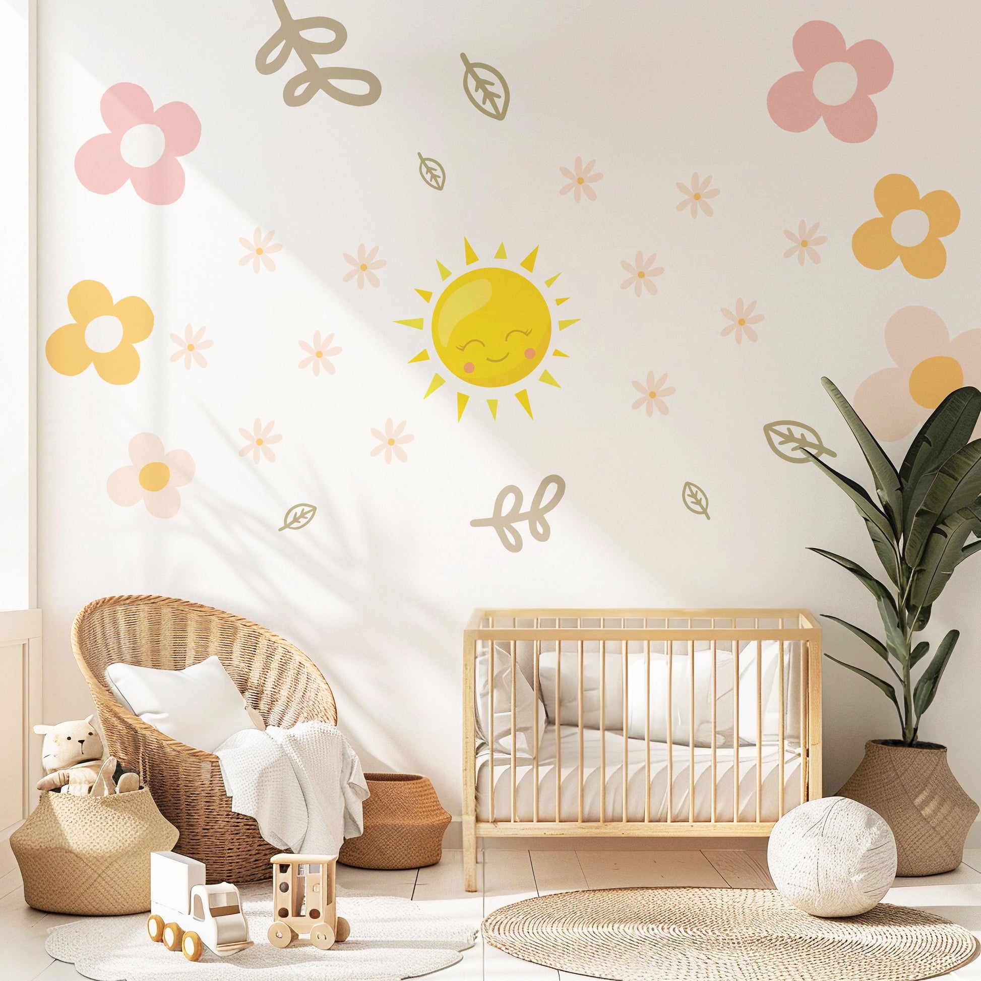 Sun Wall Decals Nursery Wall Stickers Boho Nursery Decor Pink Floral Wall Decals Baby Girl Room Peel and Stick Stickers