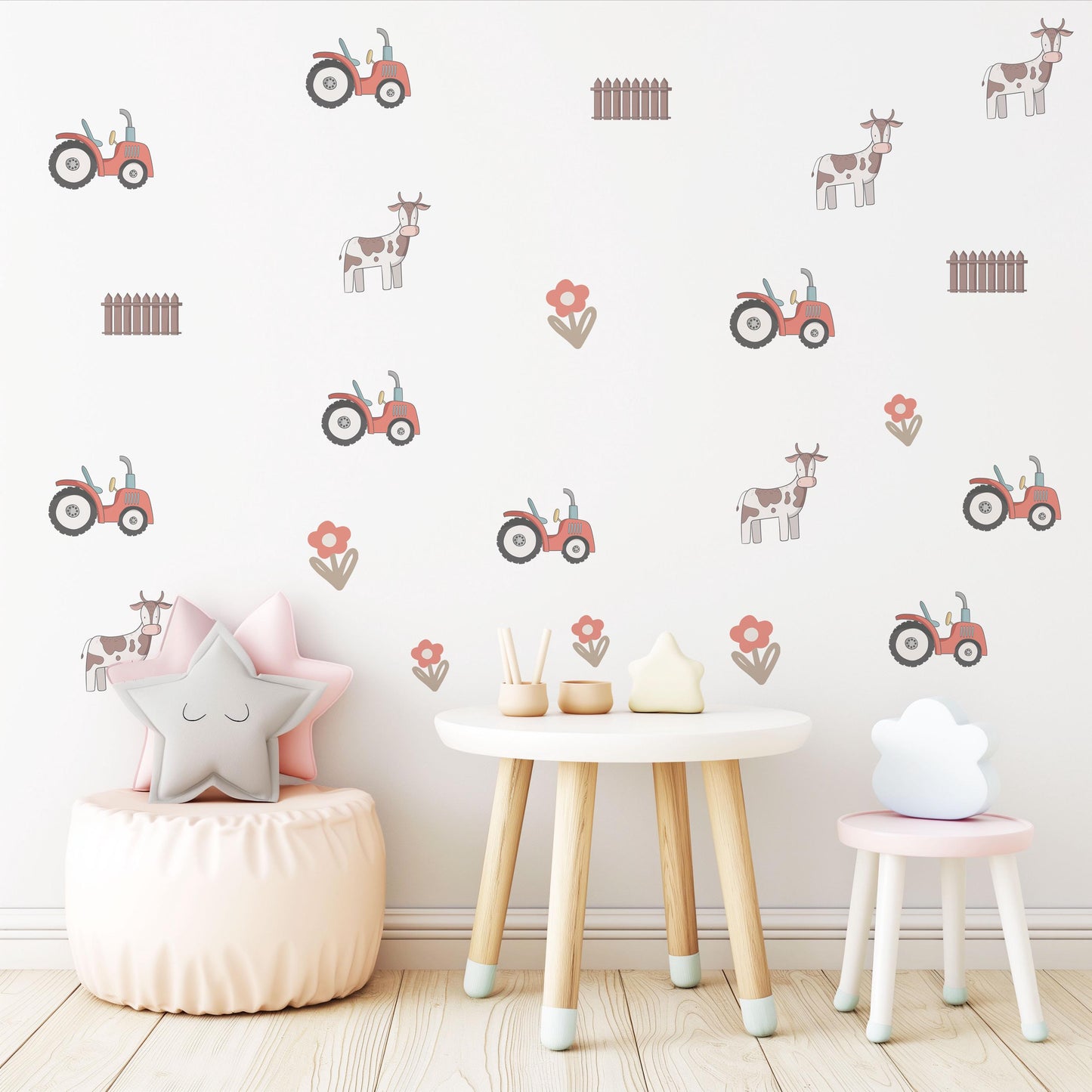 Farm Tractor Wall Decals Farm Nursery Wall Stickers Tractor Cow Fence Floral Peel and Stick Baby Boy Nursery Decor