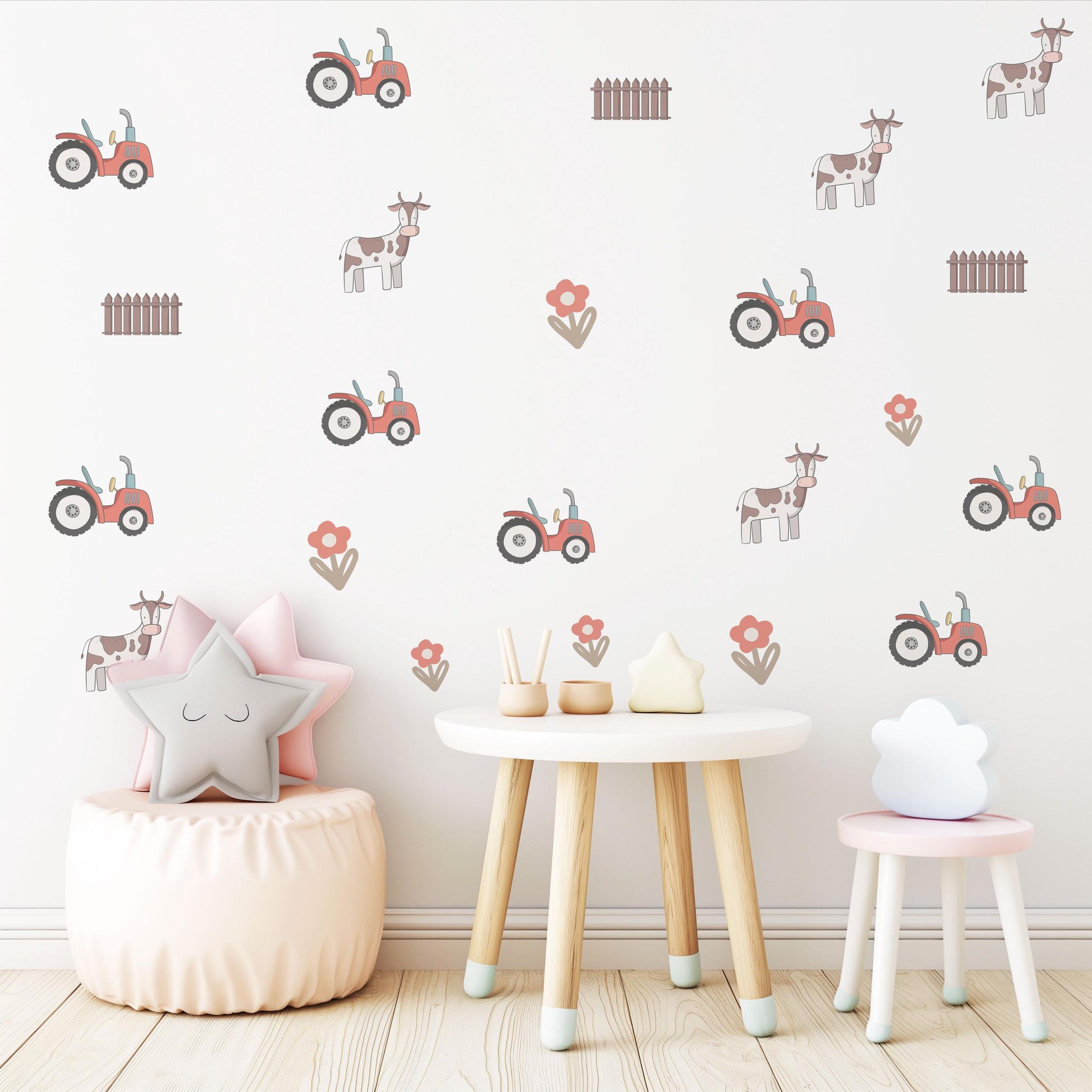 Farm Tractor Wall Decals Farm Nursery Wall Stickers Tractor Cow Fence Floral Peel and Stick Baby Boy Nursery Decor