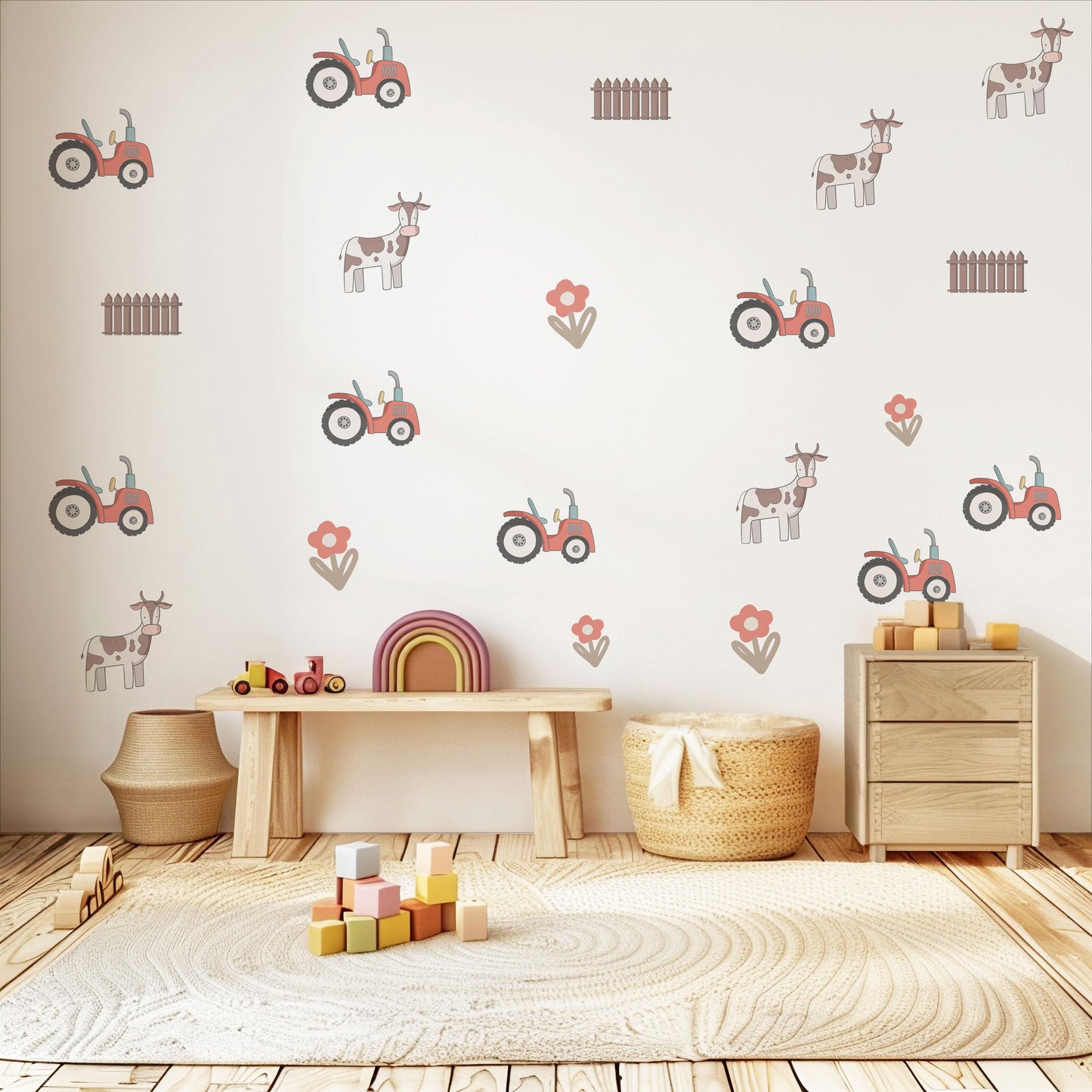 Farm Tractor Wall Decals Farm Nursery Wall Stickers Tractor Cow Fence Floral Peel and Stick Baby Boy Nursery Decor