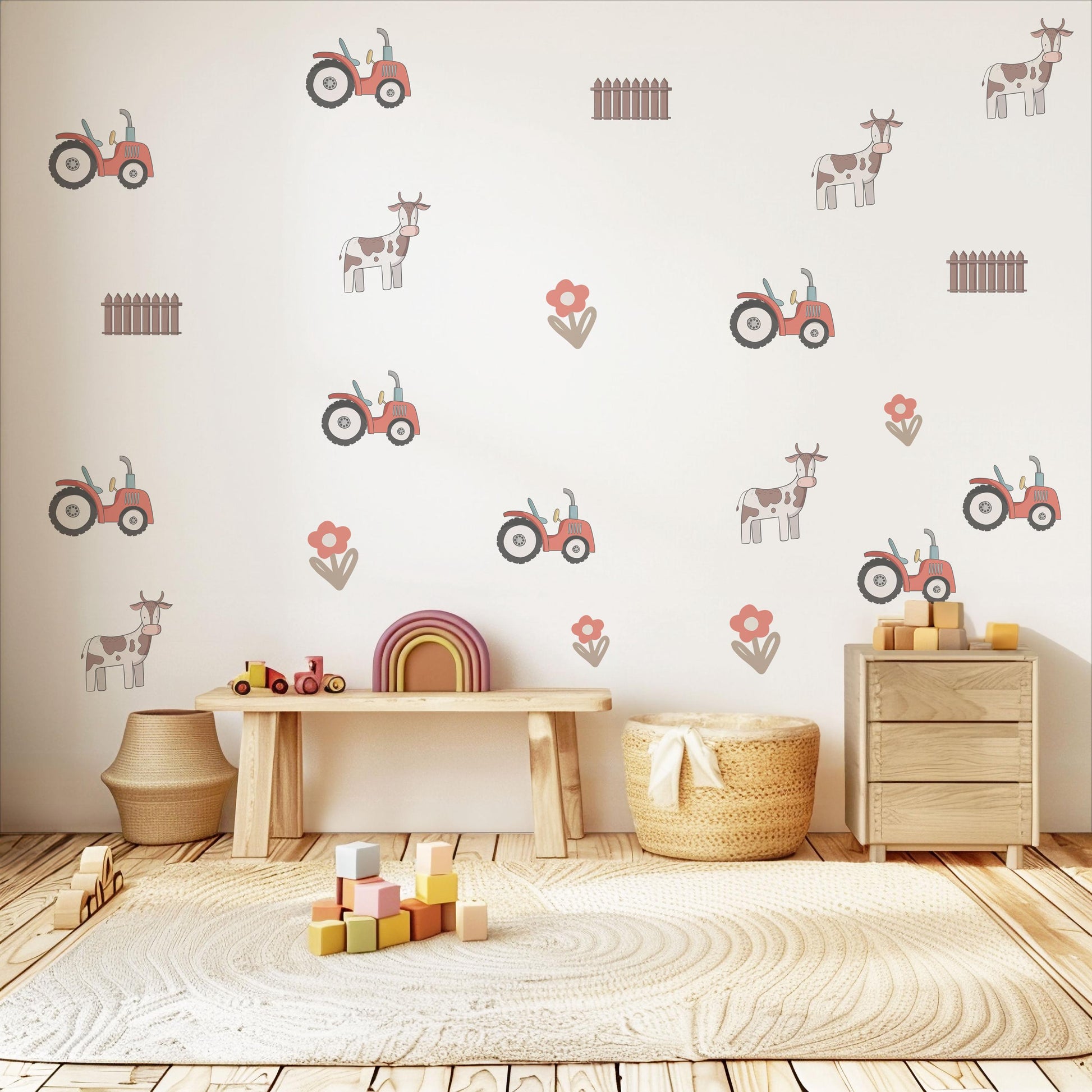 Farm Tractor Wall Decals Farm Nursery Wall Stickers Tractor Cow Fence Floral Peel and Stick Baby Boy Nursery Decor