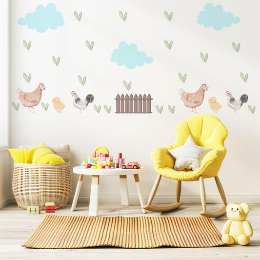 Chicken Wall Decals Farm Animal Nursery Stickers Hen Rooster Chick Peel and Stick Baby Farm Bedroom Playroom Wall Decor