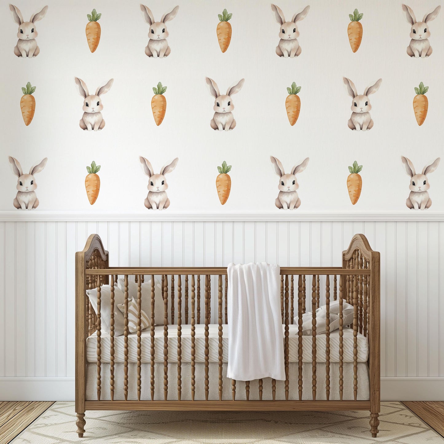 Bunny Wall Stickers, Watercolor Rabbit & Carrot Nursery Decor, Neutral Kids Room Wall Decals, Peel and Stick Baby Room Wall Art