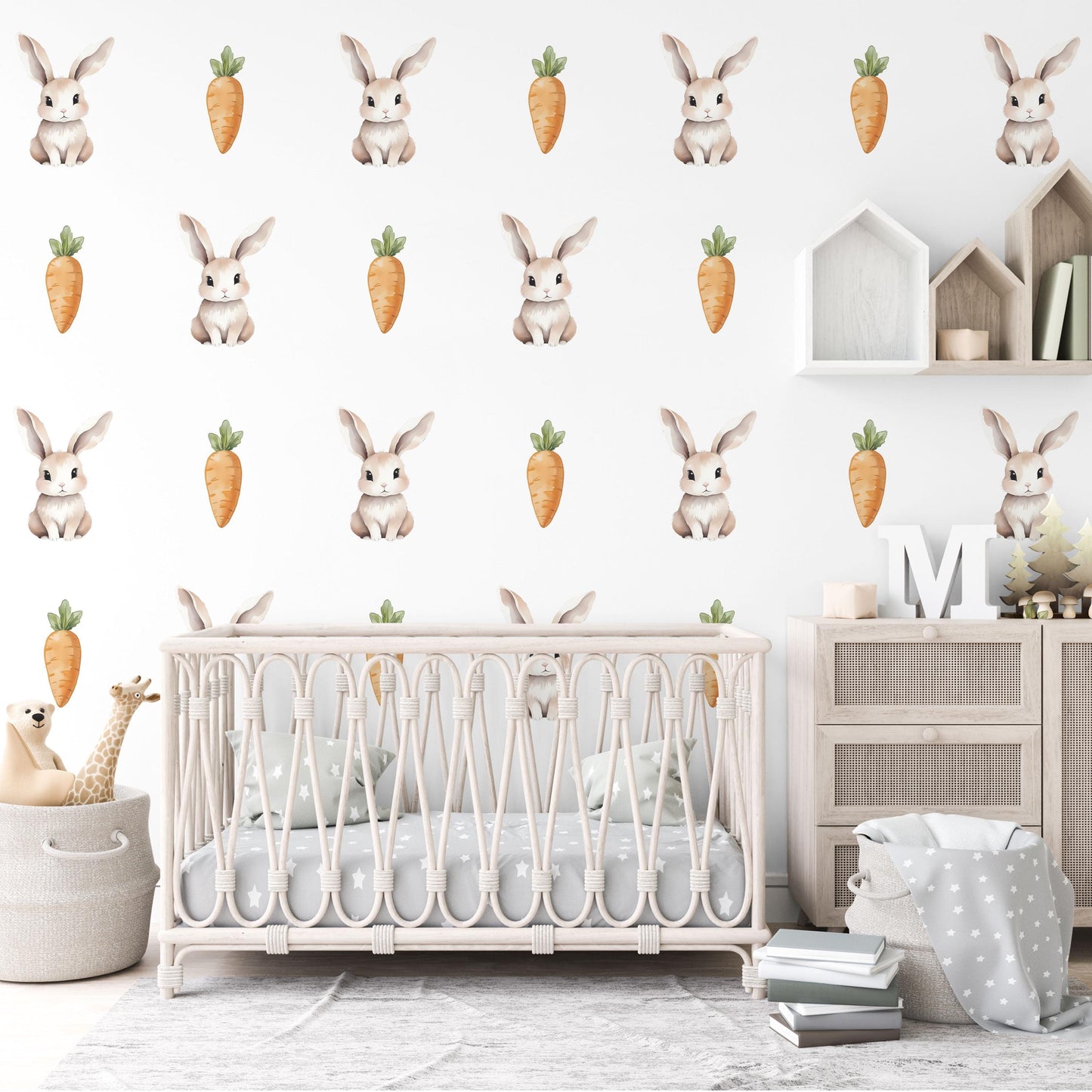 Bunny Wall Stickers, Watercolor Rabbit & Carrot Nursery Decor, Neutral Kids Room Wall Decals, Peel and Stick Baby Room Wall Art