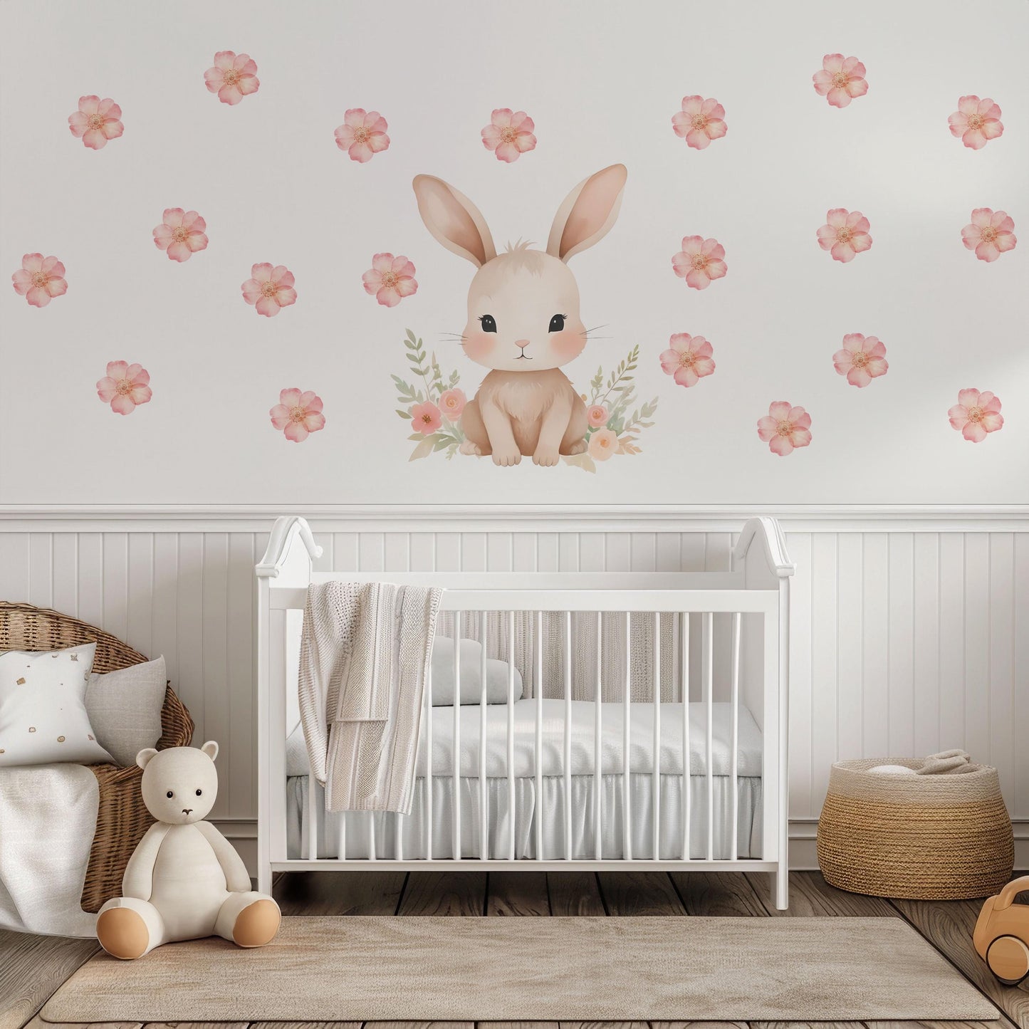 Pink Bunny Wall Stickers, Watercolor Floral Nursery Decor, Baby Girl Bedroom Wall Decals, Peel and Stick Bunny Flower Wall Art