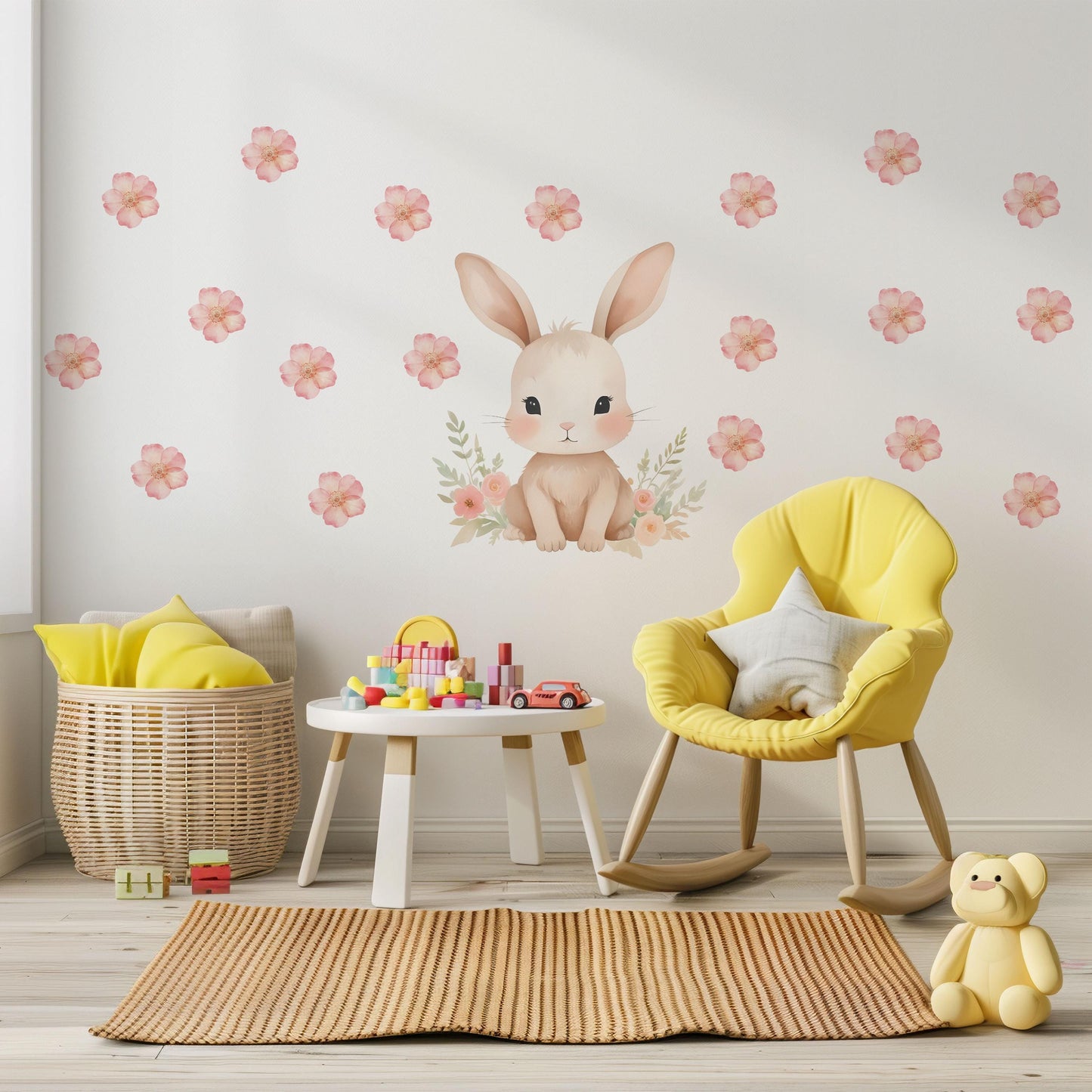Pink Bunny Wall Stickers, Watercolor Floral Nursery Decor, Baby Girl Bedroom Wall Decals, Peel and Stick Bunny Flower Wall Art