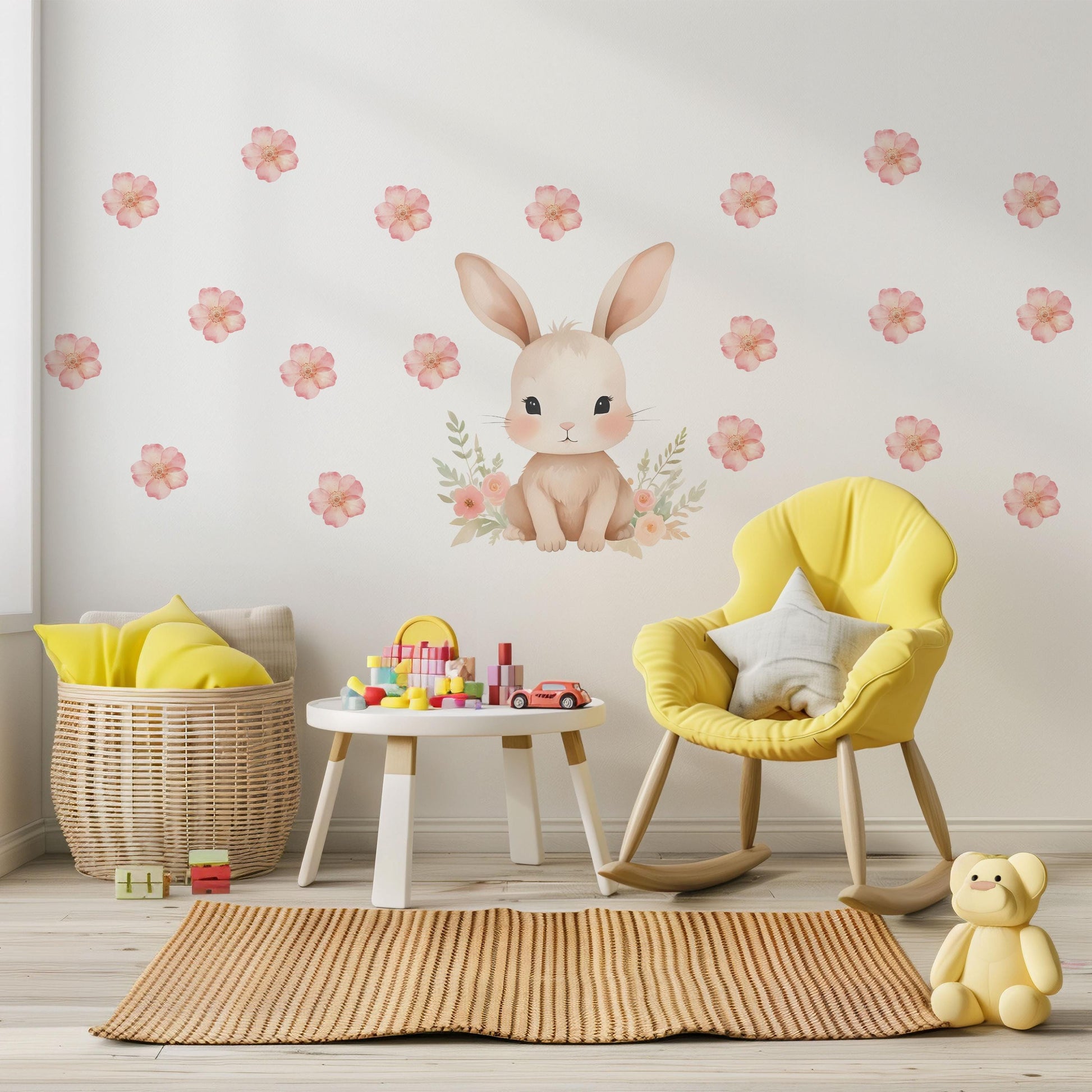 Pink Bunny Wall Stickers, Watercolor Floral Nursery Decor, Baby Girl Bedroom Wall Decals, Peel and Stick Bunny Flower Wall Art
