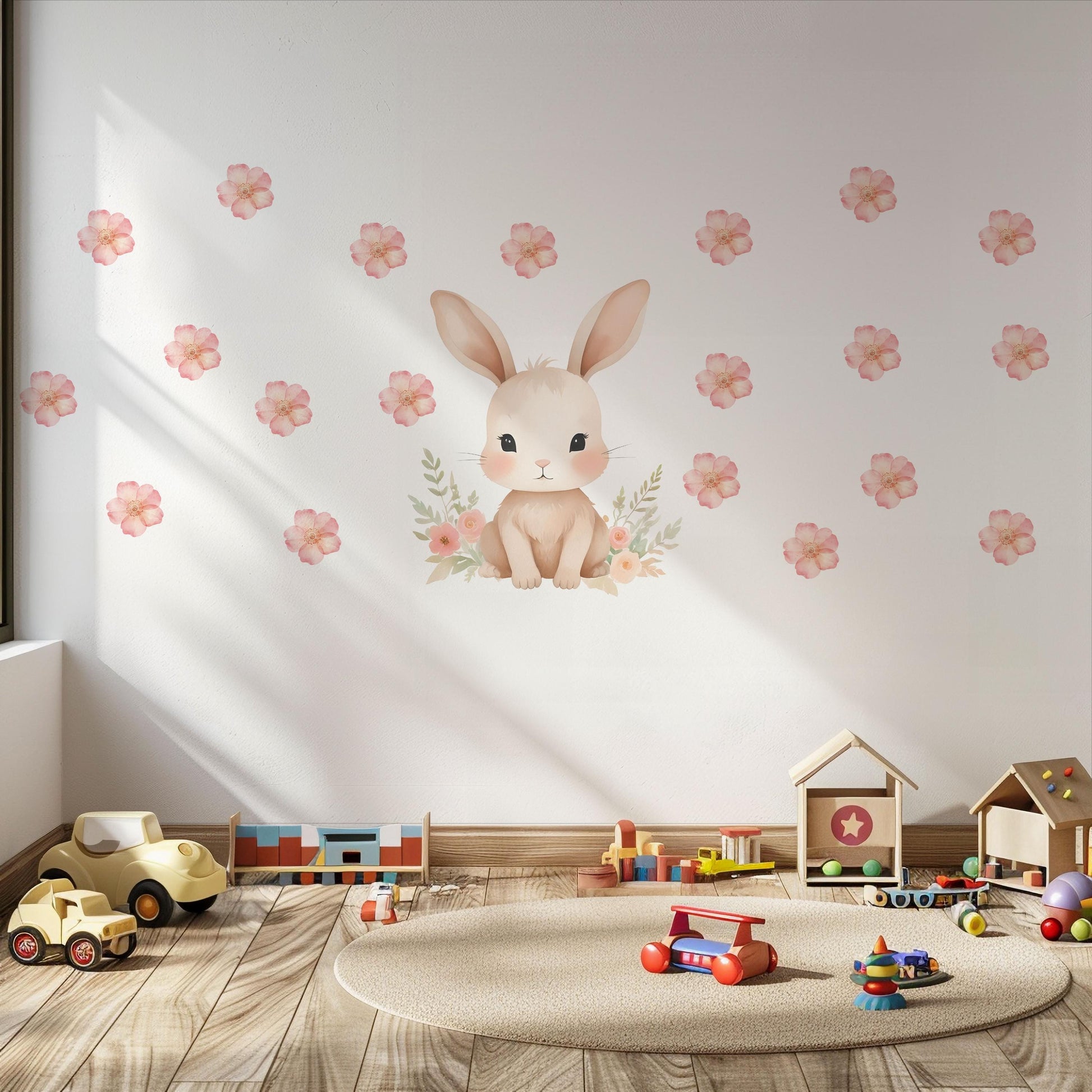 Pink Bunny Wall Stickers, Watercolor Floral Nursery Decor, Baby Girl Bedroom Wall Decals, Peel and Stick Bunny Flower Wall Art