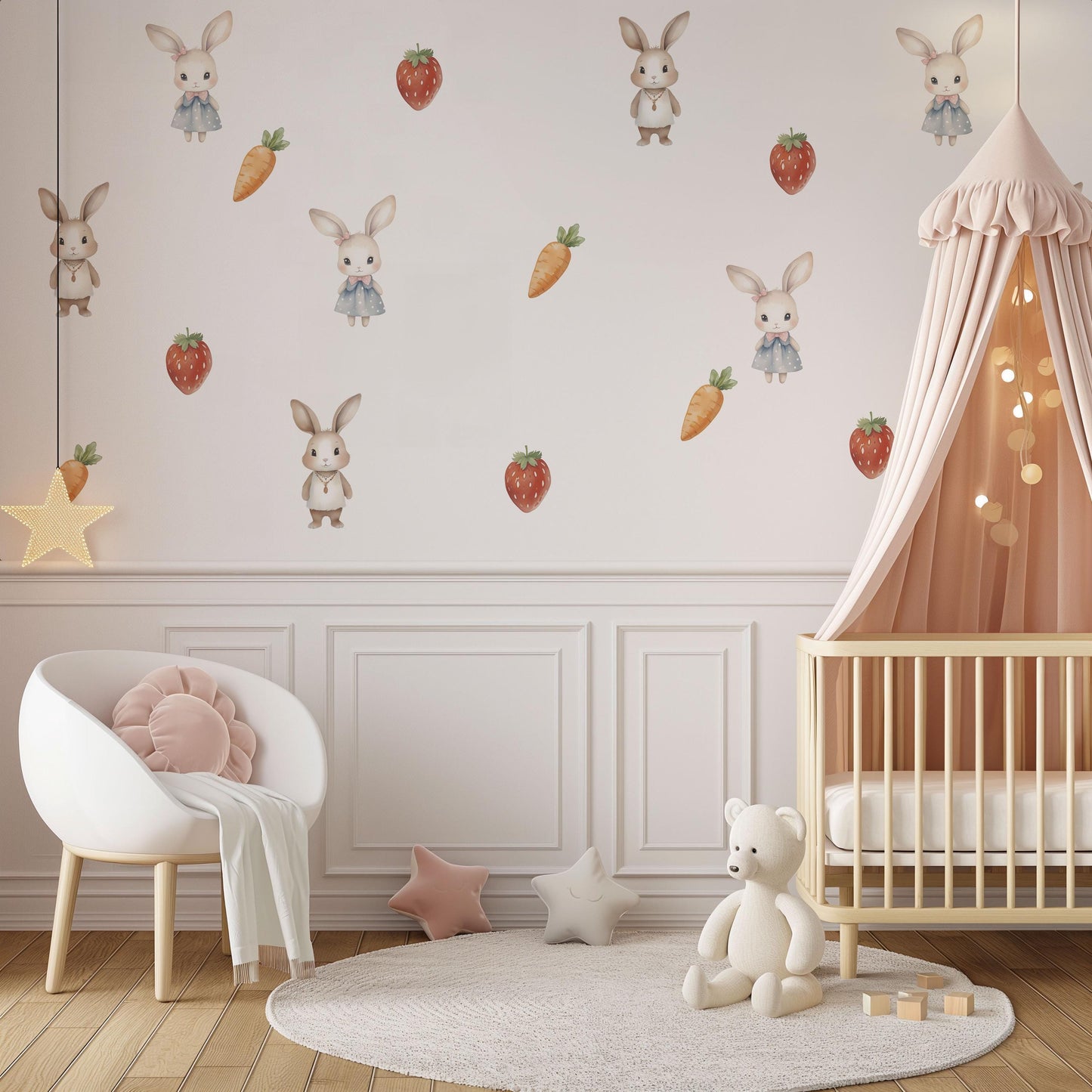 Storybook Bunny Wall Stickers, Strawberry & Carrot Nursery Decor, Baby Girl Bedroom Wall Decals, Peel and Stick Woodland Art