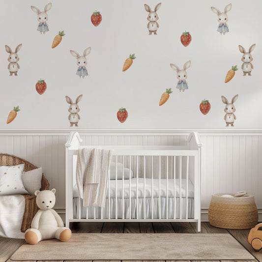 Storybook Bunny Wall Stickers, Strawberry & Carrot Nursery Decor, Baby Girl Bedroom Wall Decals, Peel and Stick Woodland Art