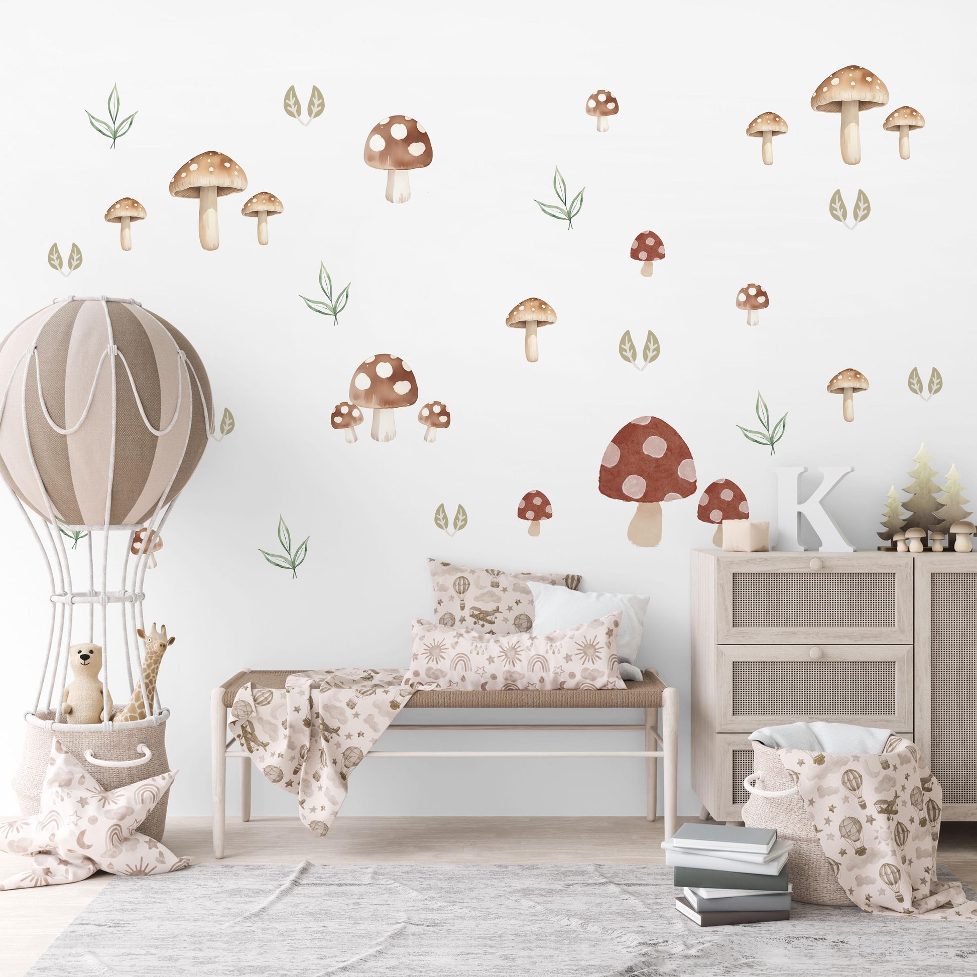 Toadstool Wall Stickers, Autumn Forest Nursery Decor, Neutral Kids Room Wall Decals, Peel and Stick Woodland Mushroom Art