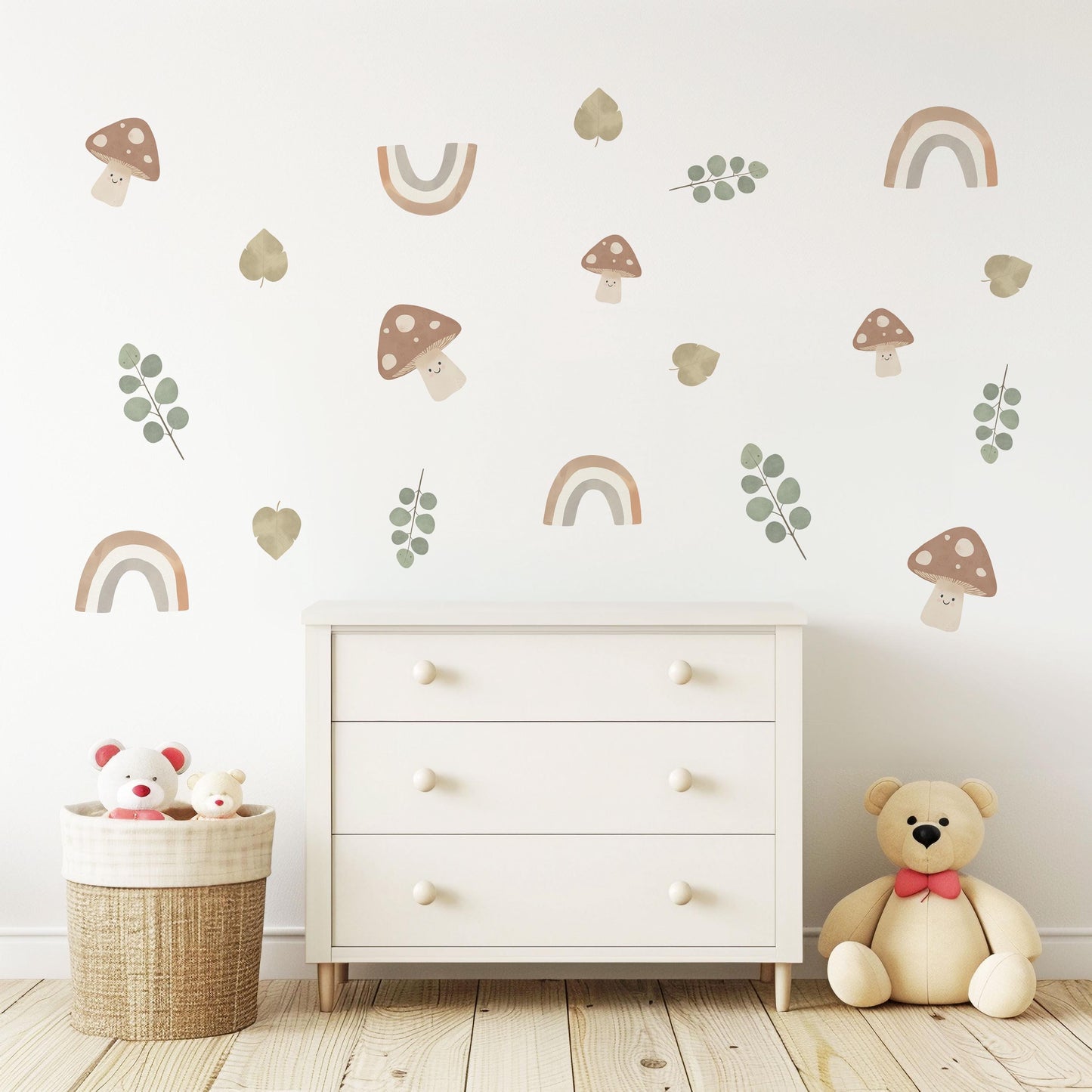Cute Mushroom Wall Stickers, Boho Rainbow Nursery Decor, Eucalyptus Leaf Wall Decals, Peel and Stick Neutral Nursery Art
