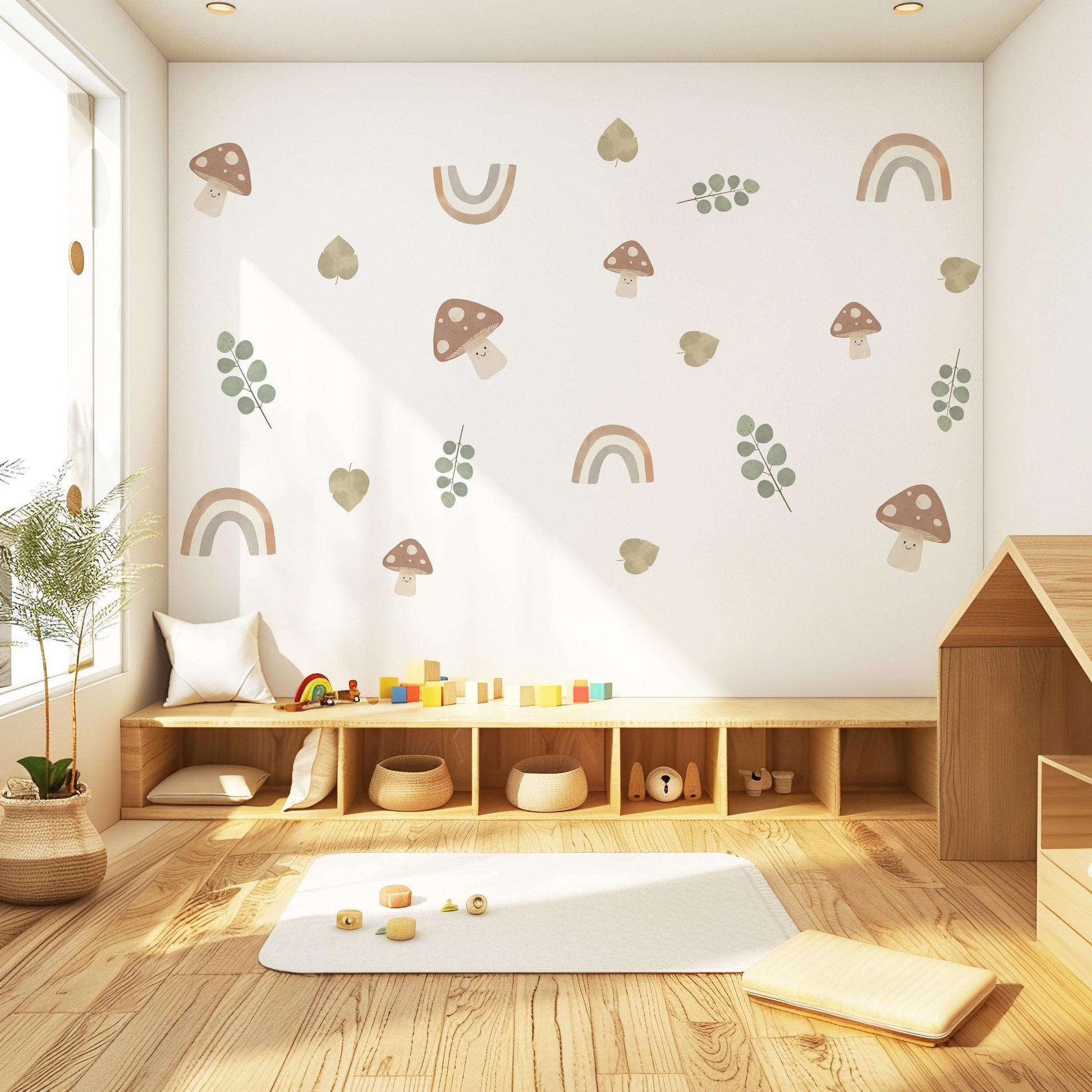 Cute Mushroom Wall Stickers, Boho Rainbow Nursery Decor, Eucalyptus Leaf Wall Decals, Peel and Stick Neutral Nursery Art