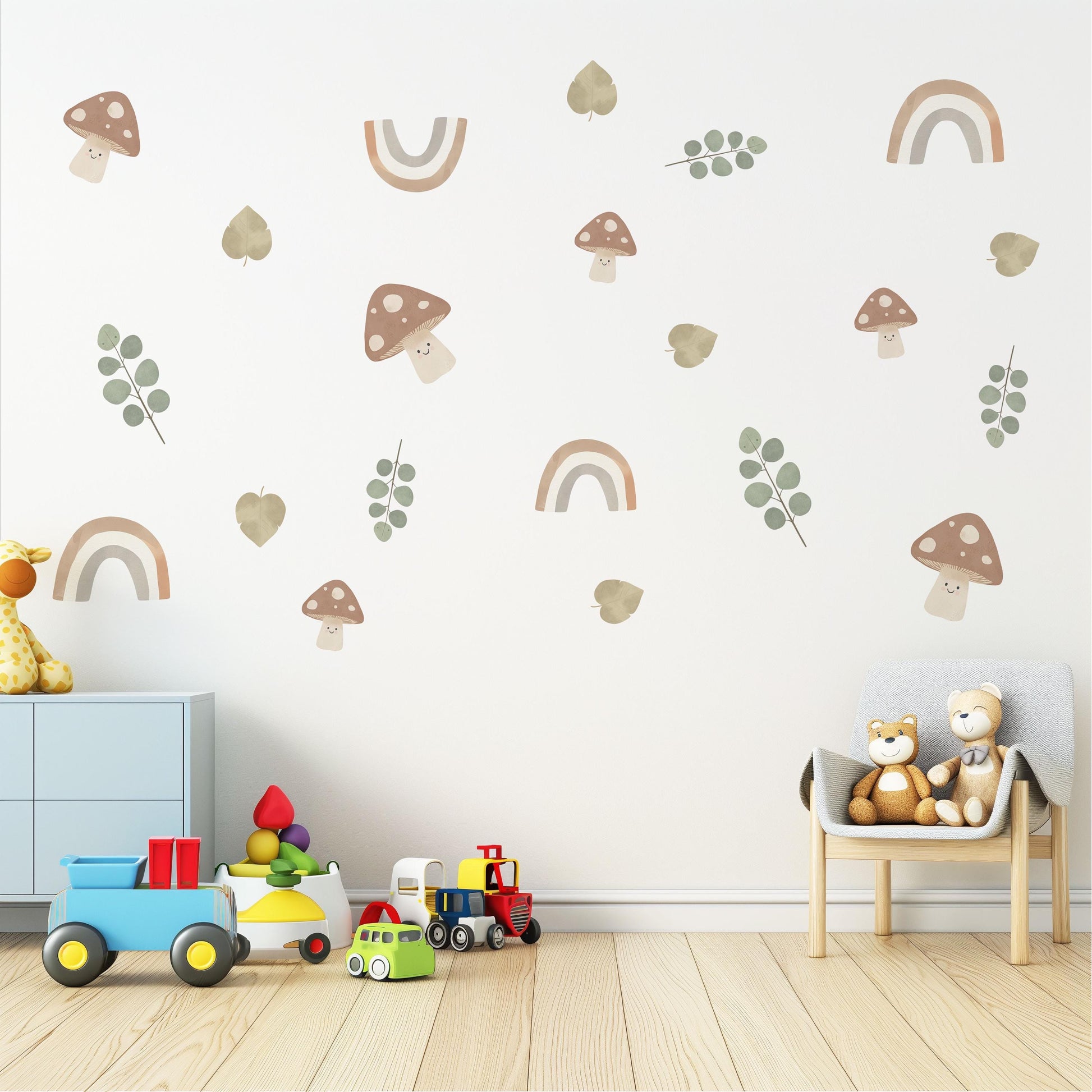 Cute Mushroom Wall Stickers, Boho Rainbow Nursery Decor, Eucalyptus Leaf Wall Decals, Peel and Stick Neutral Nursery Art