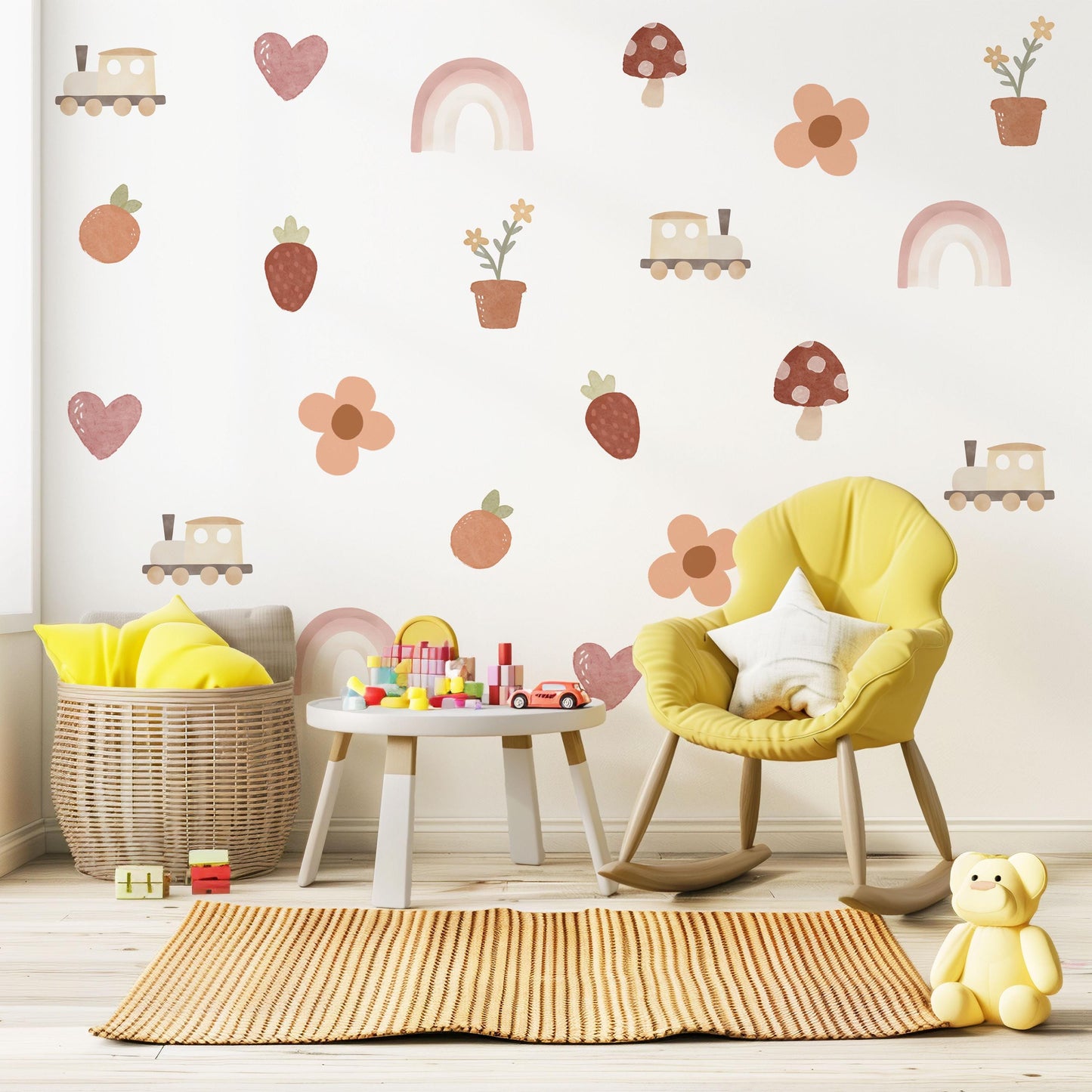 Boho Nursery Wall Decals Rainbow Train Strawberry Flower Peel and Stick Wall Stickers Baby Girl Bedroom Playroom Decor