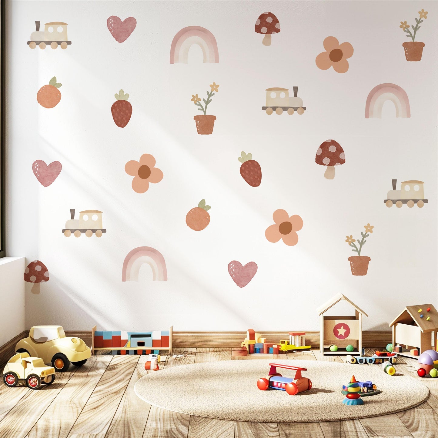 Boho Nursery Wall Decals Rainbow Train Strawberry Flower Peel and Stick Wall Stickers Baby Girl Bedroom Playroom Decor