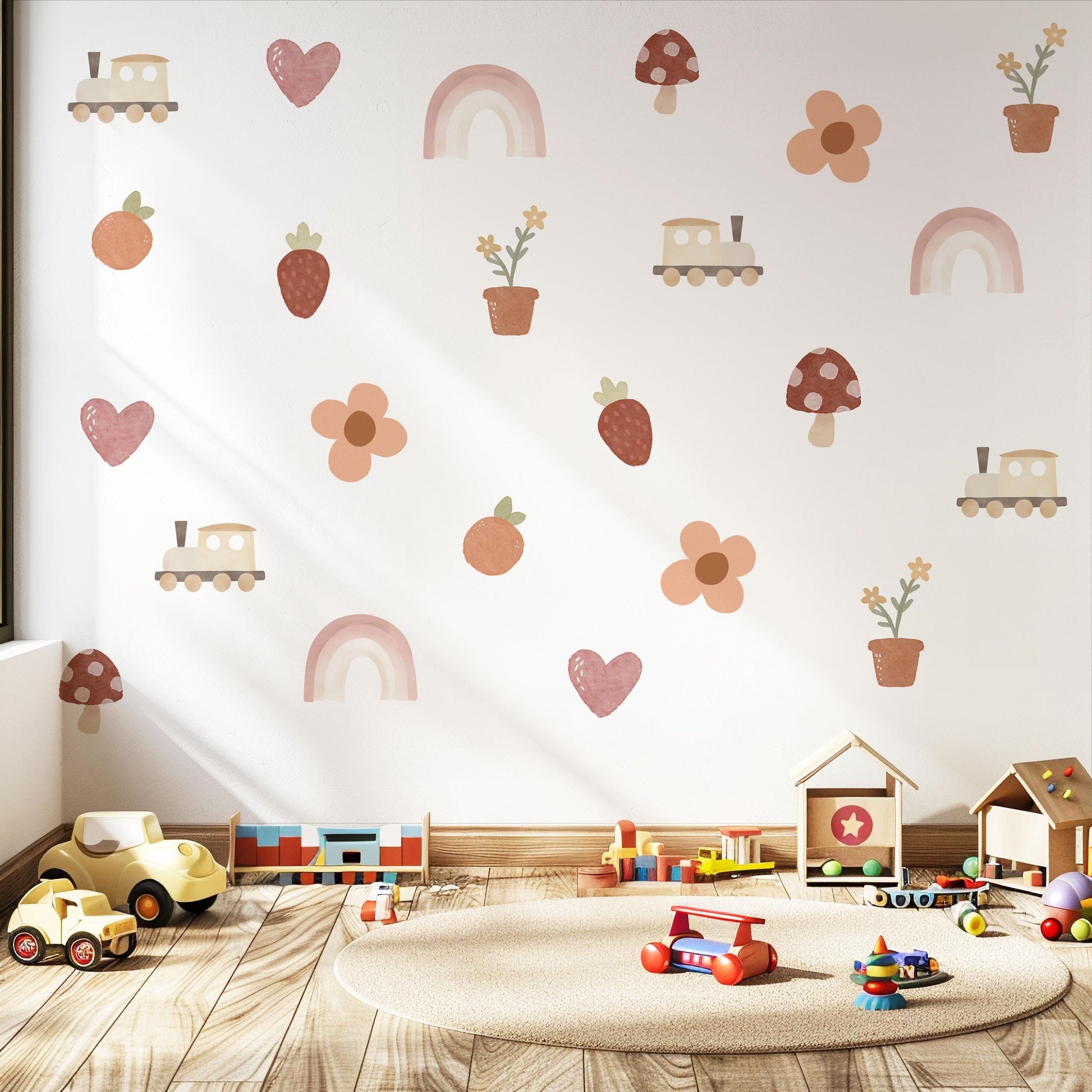 Boho Nursery Wall Decals Rainbow Train Strawberry Flower Peel and Stick Wall Stickers Baby Girl Bedroom Playroom Decor