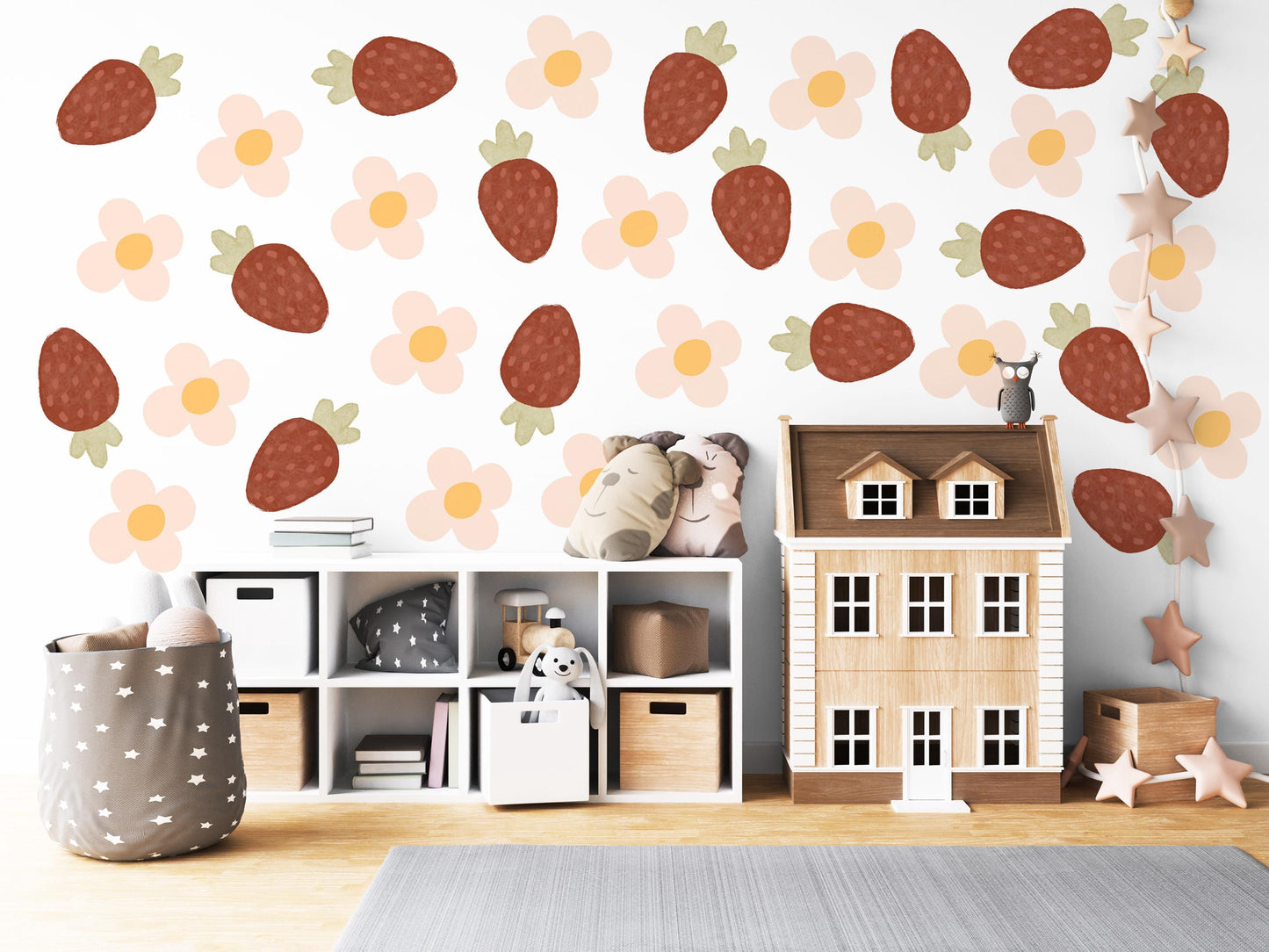 Strawberry Wall Decals Nursery Peel and Stick Wall Stickers Boho Strawberry Flowers Baby Girl Bedroom Playroom Wall Decor