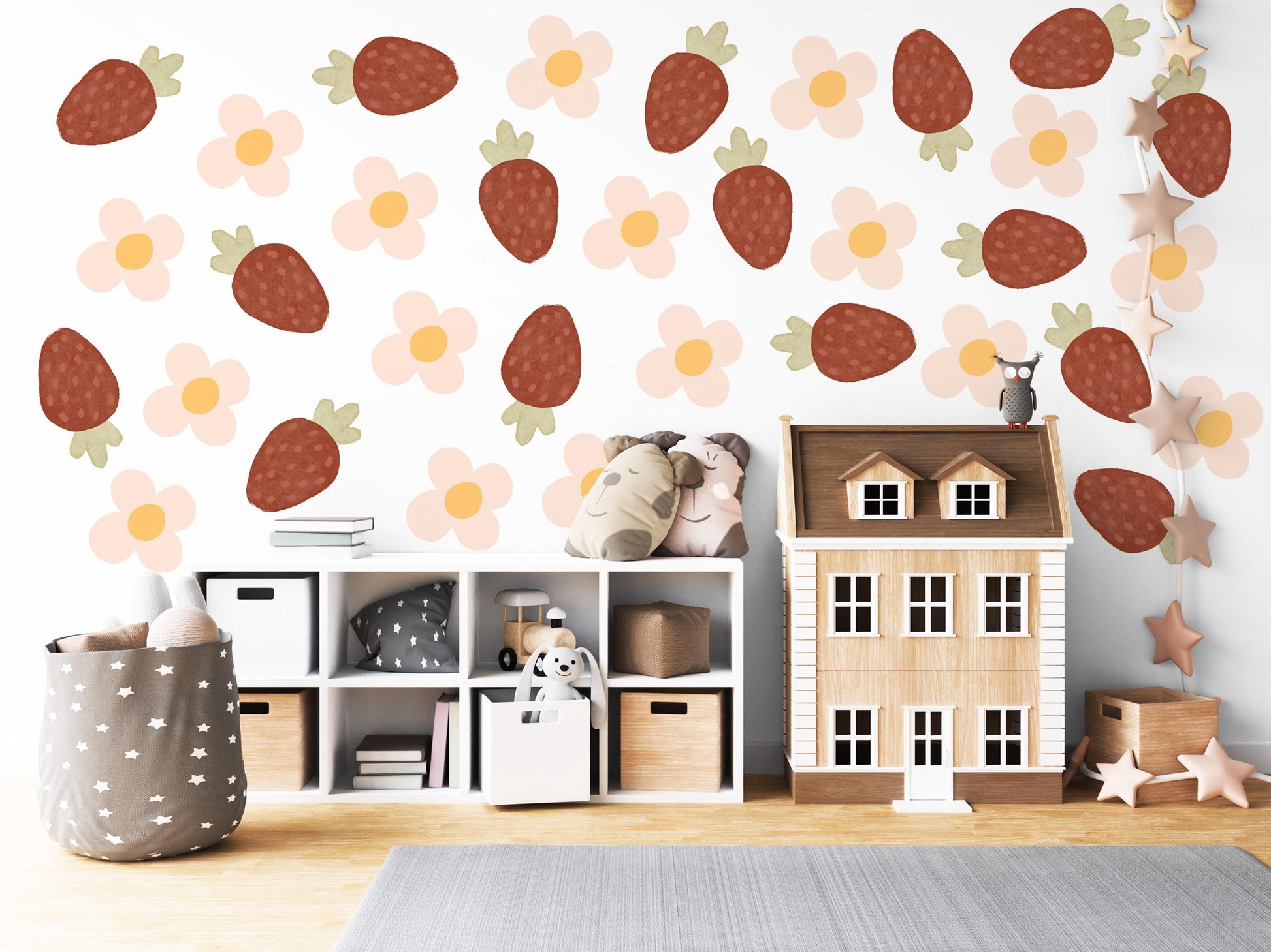 Strawberry Wall Decals Nursery Peel and Stick Wall Stickers Boho Strawberry Flowers Baby Girl Bedroom Playroom Wall Decor