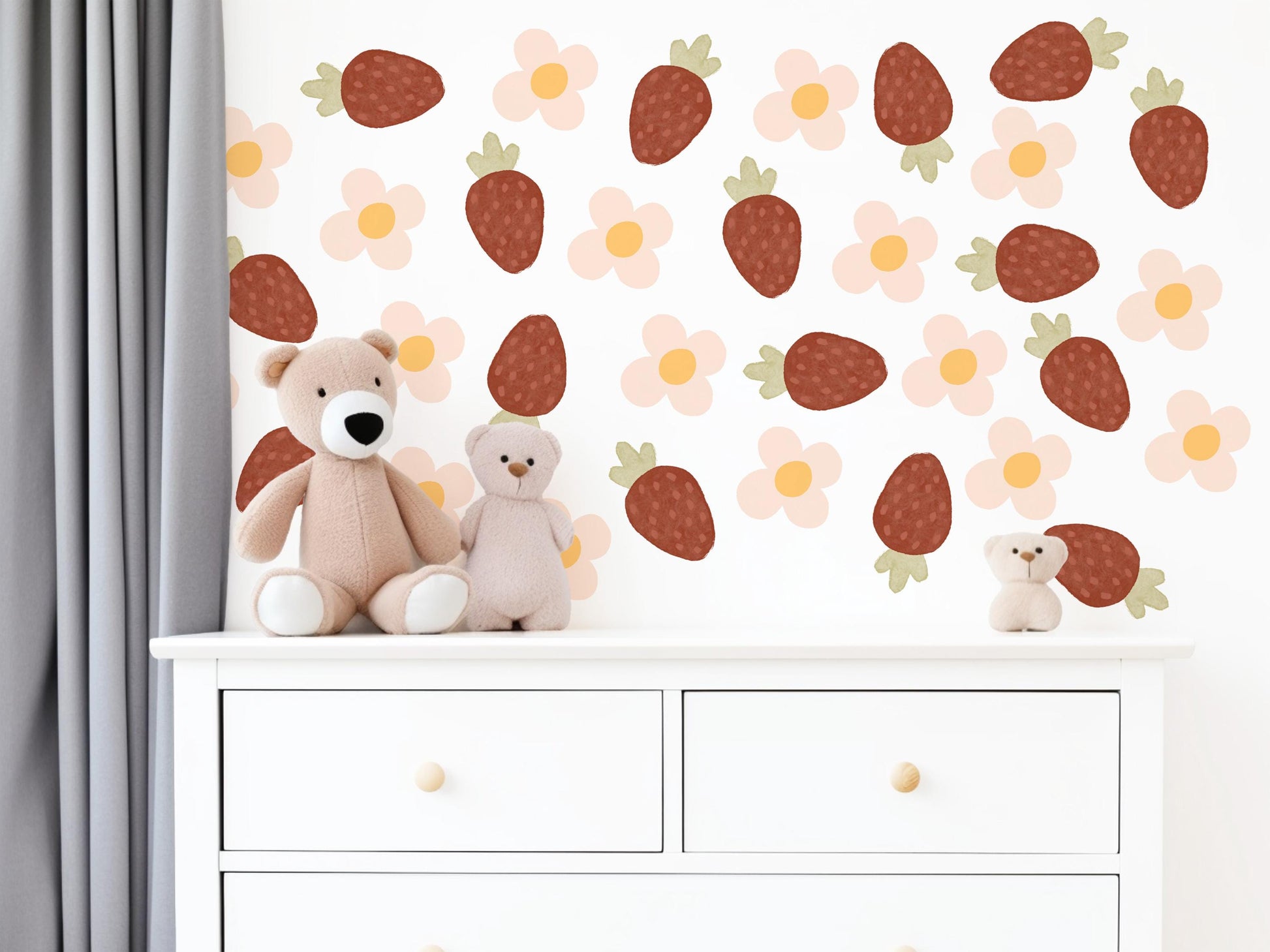 Strawberry Wall Decals Nursery Peel and Stick Wall Stickers Boho Strawberry Flowers Baby Girl Bedroom Playroom Wall Decor