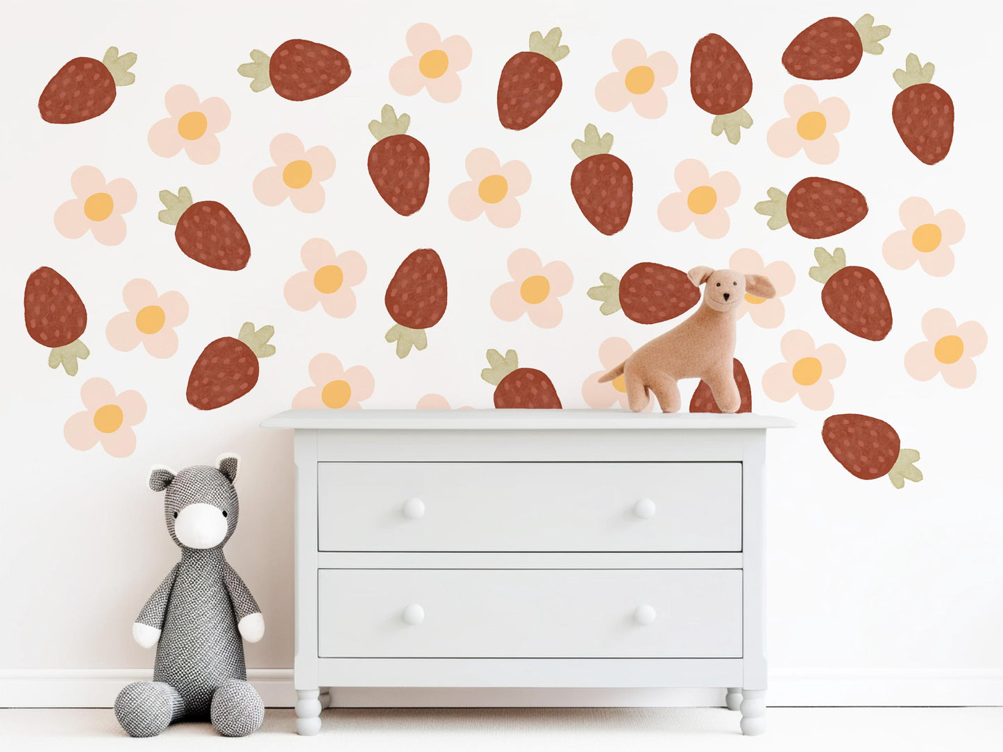 Strawberry Wall Decals Nursery Peel and Stick Wall Stickers Boho Strawberry Flowers Baby Girl Bedroom Playroom Wall Decor