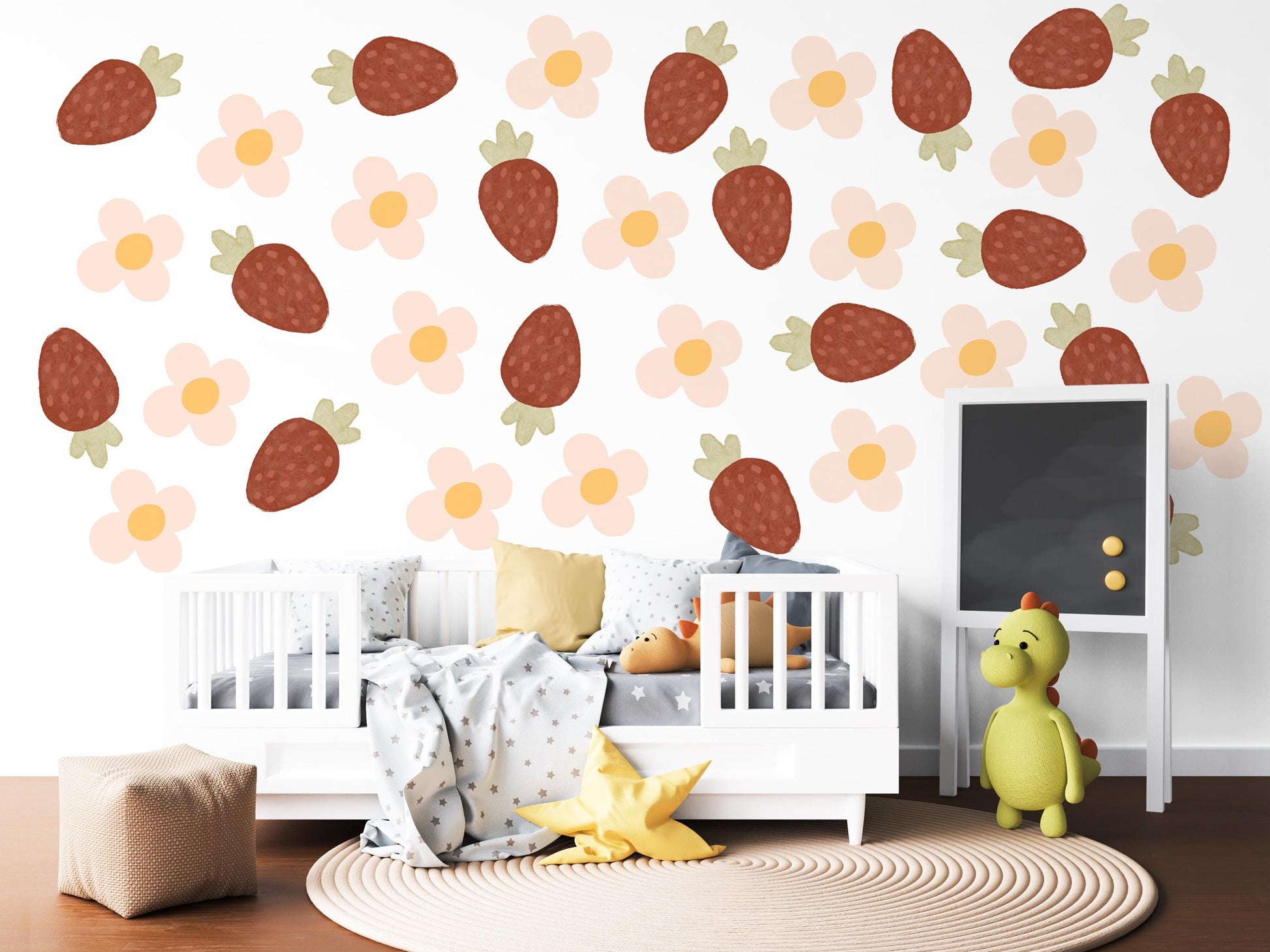 Strawberry Wall Decals Nursery Peel and Stick Wall Stickers Boho Strawberry Flowers Baby Girl Bedroom Playroom Wall Decor