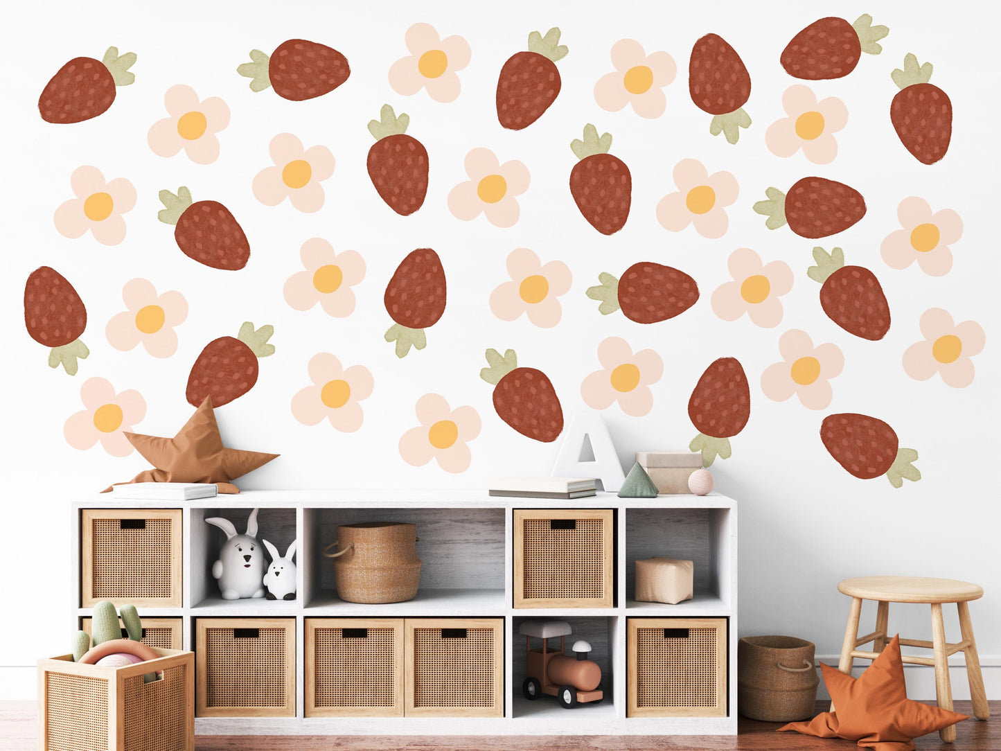 Strawberry Wall Decals Nursery Peel and Stick Wall Stickers Boho Strawberry Flowers Baby Girl Bedroom Playroom Wall Decor
