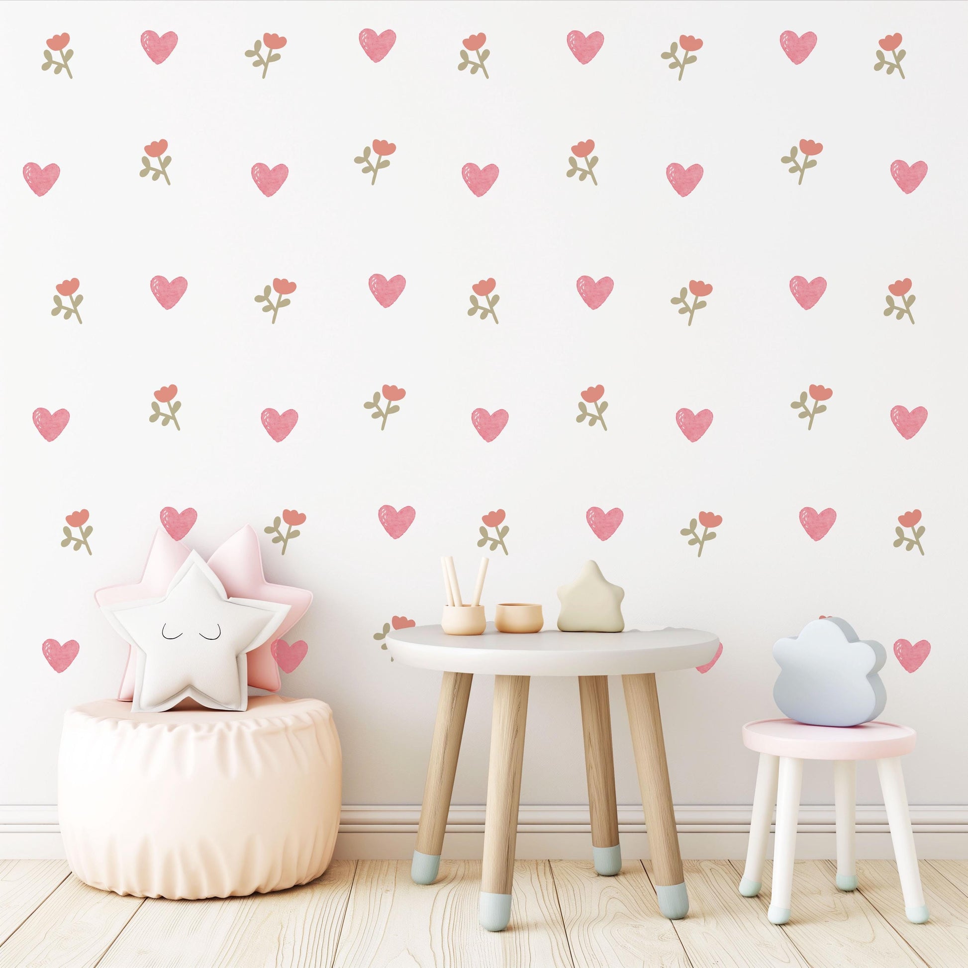 Boho Heart Wall Decals Nursery Peel and Stick Wall Stickers Pink Hearts Floral Baby Girl Bedroom Playroom Wall Decor