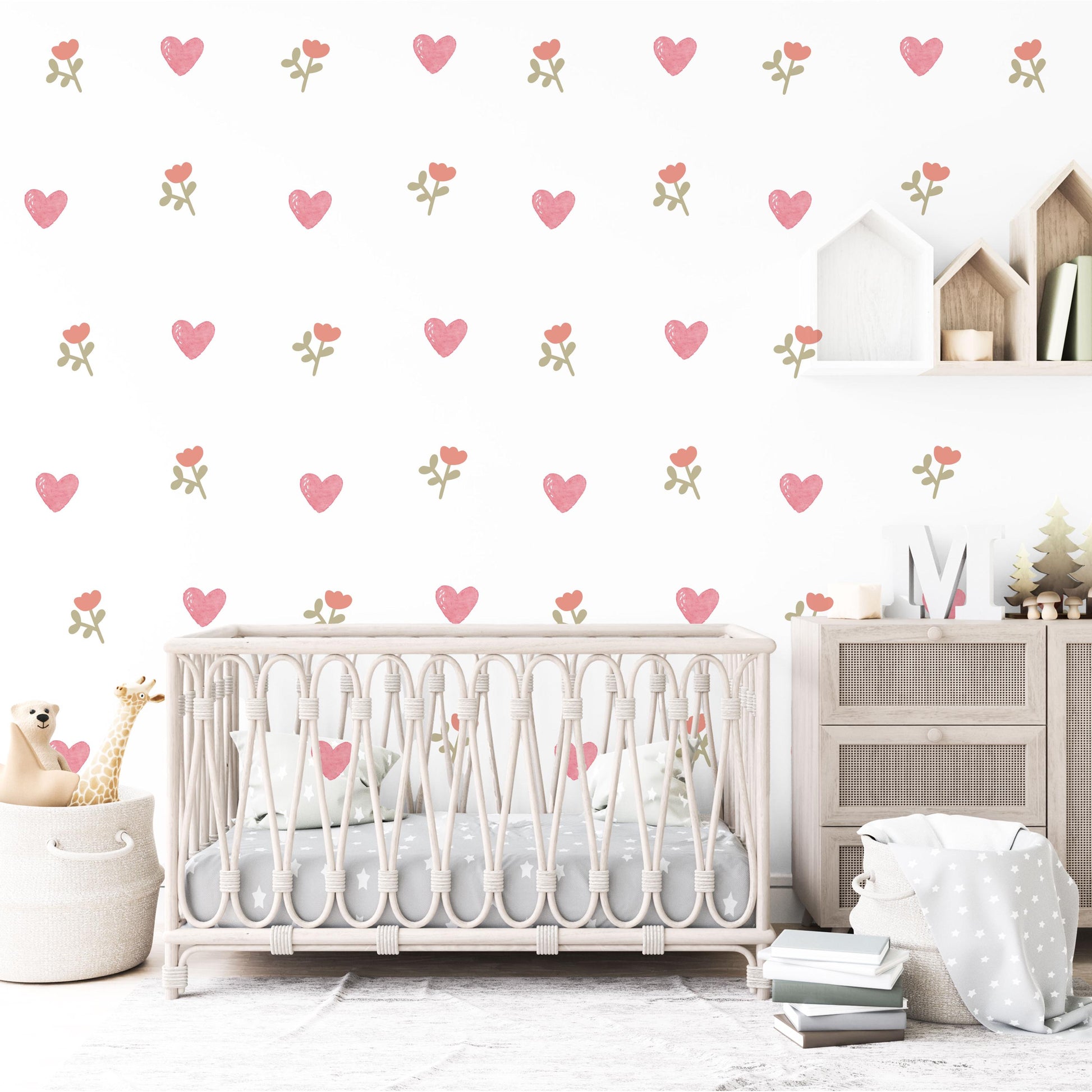 Boho Heart Wall Decals Nursery Peel and Stick Wall Stickers Pink Hearts Floral Baby Girl Bedroom Playroom Wall Decor