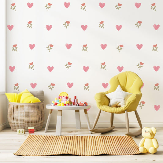 Boho Heart Wall Decals Nursery Peel and Stick Wall Stickers Pink Hearts Floral Baby Girl Bedroom Playroom Wall Decor