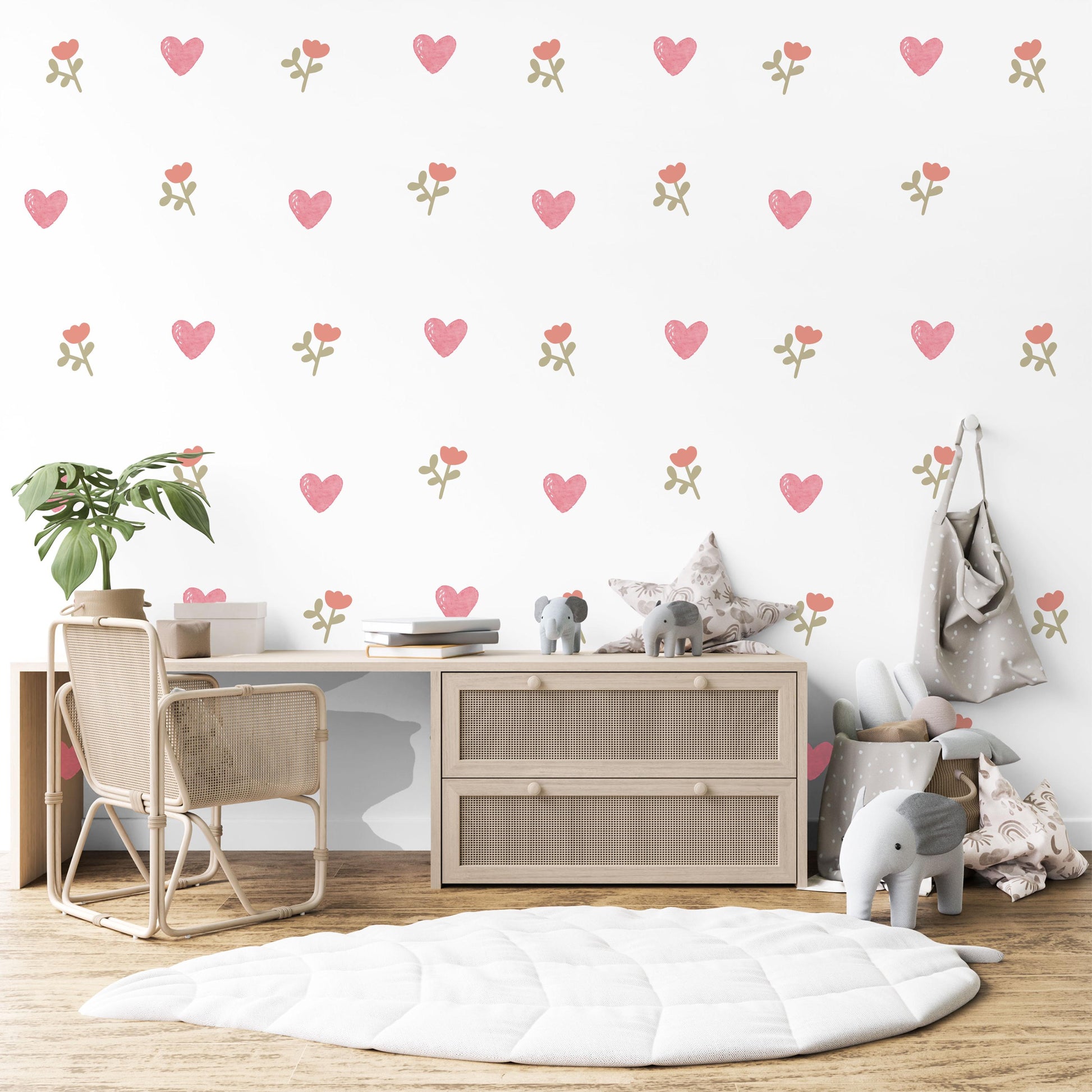 Boho Heart Wall Decals Nursery Peel and Stick Wall Stickers Pink Hearts Floral Baby Girl Bedroom Playroom Wall Decor