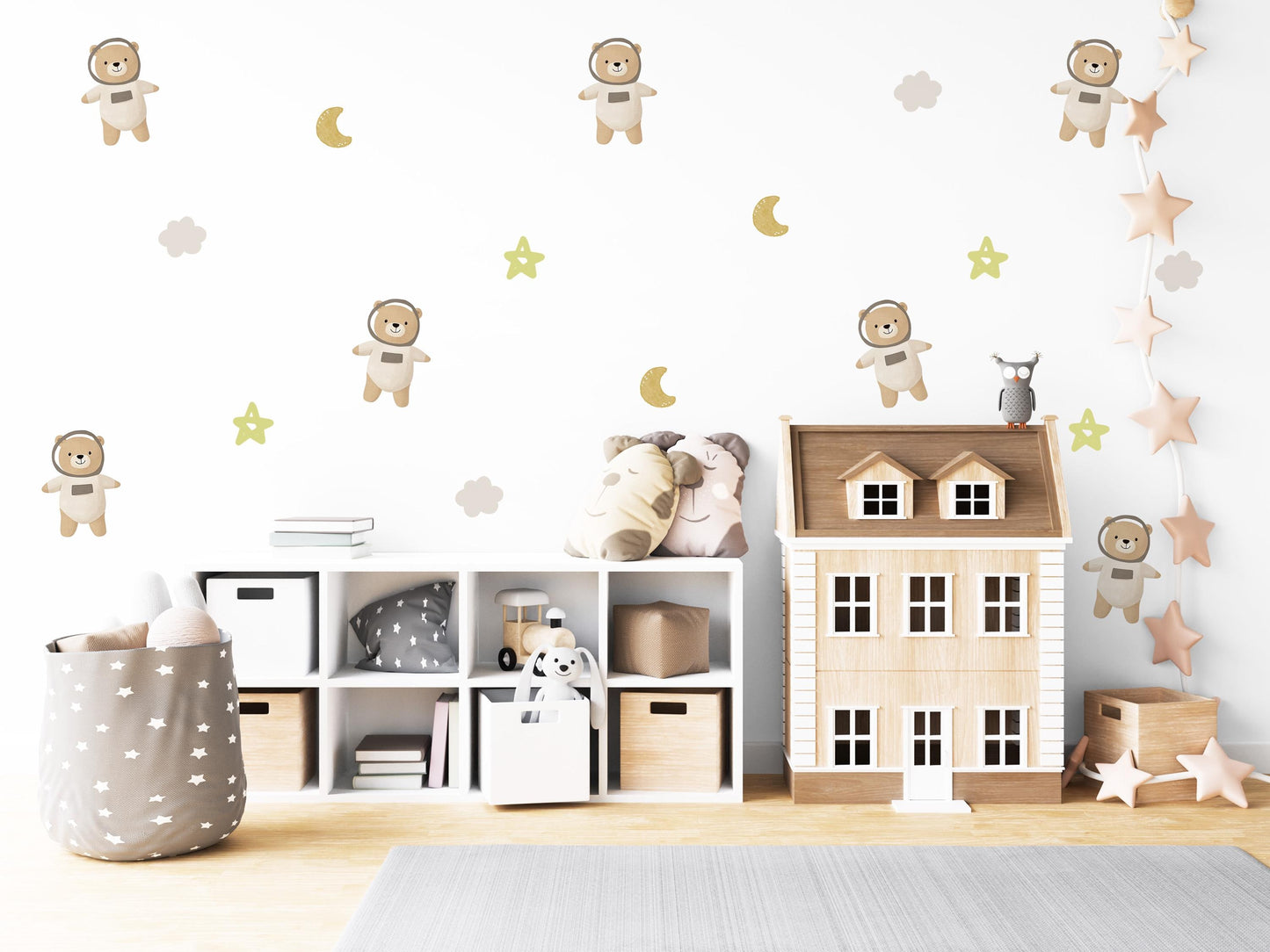 Teddy Bear Astronaut Wall Stickers, Sleepy Bear Nursery Decor, Moon and Stars Wall Decals, Peel and Stick Neutral Kids Room Art