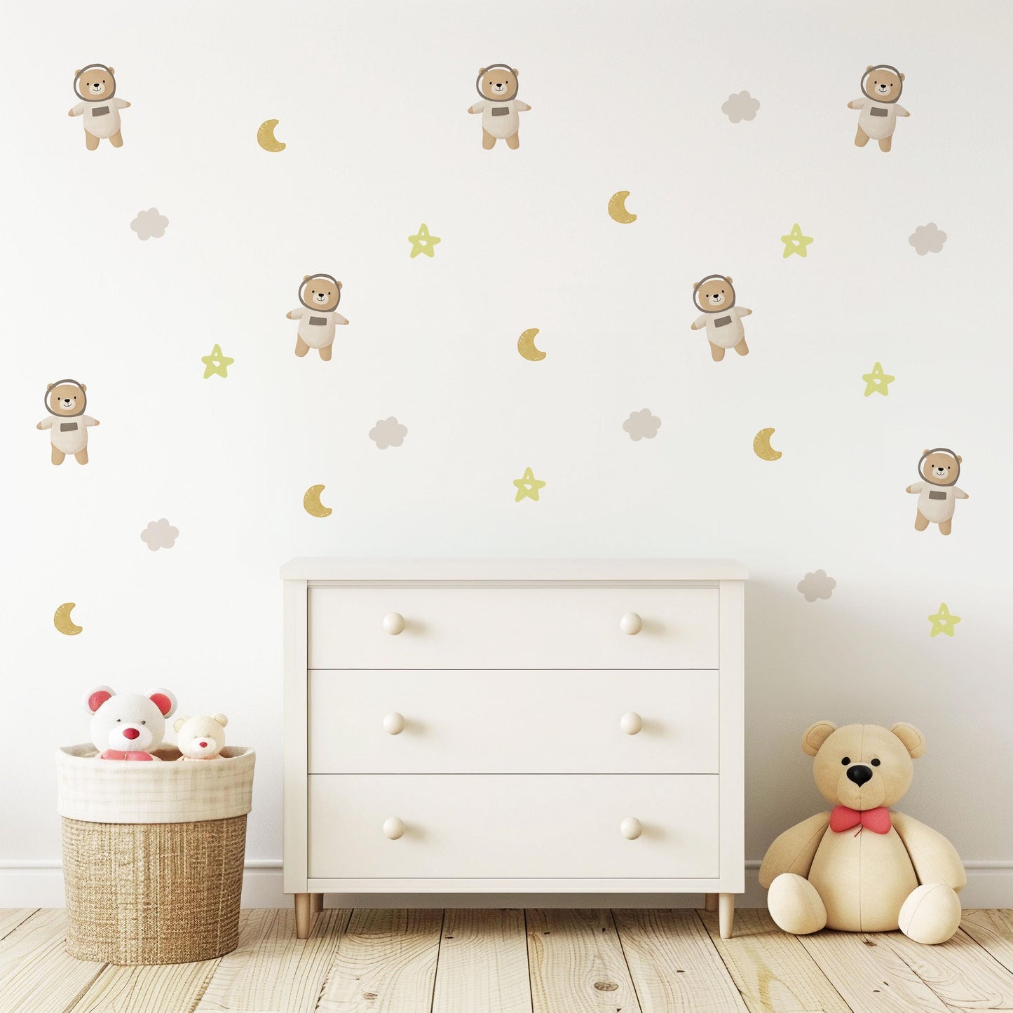 Teddy Bear Astronaut Wall Stickers, Sleepy Bear Nursery Decor, Moon and Stars Wall Decals, Peel and Stick Neutral Kids Room Art