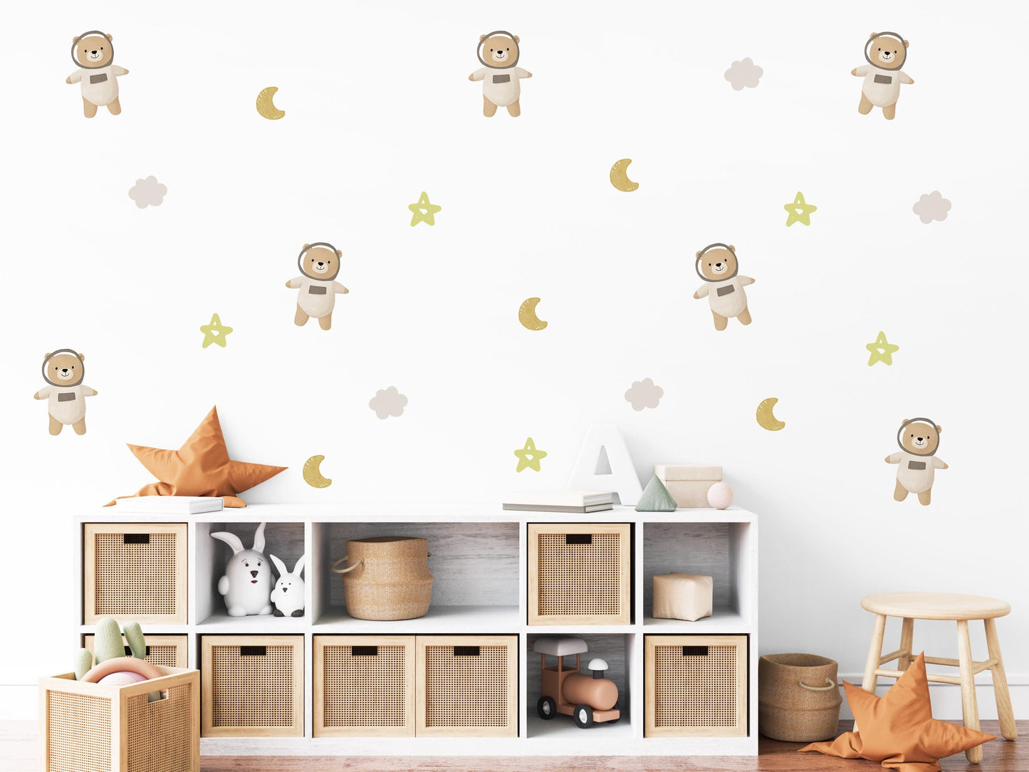 Teddy Bear Astronaut Wall Stickers, Sleepy Bear Nursery Decor, Moon and Stars Wall Decals, Peel and Stick Neutral Kids Room Art
